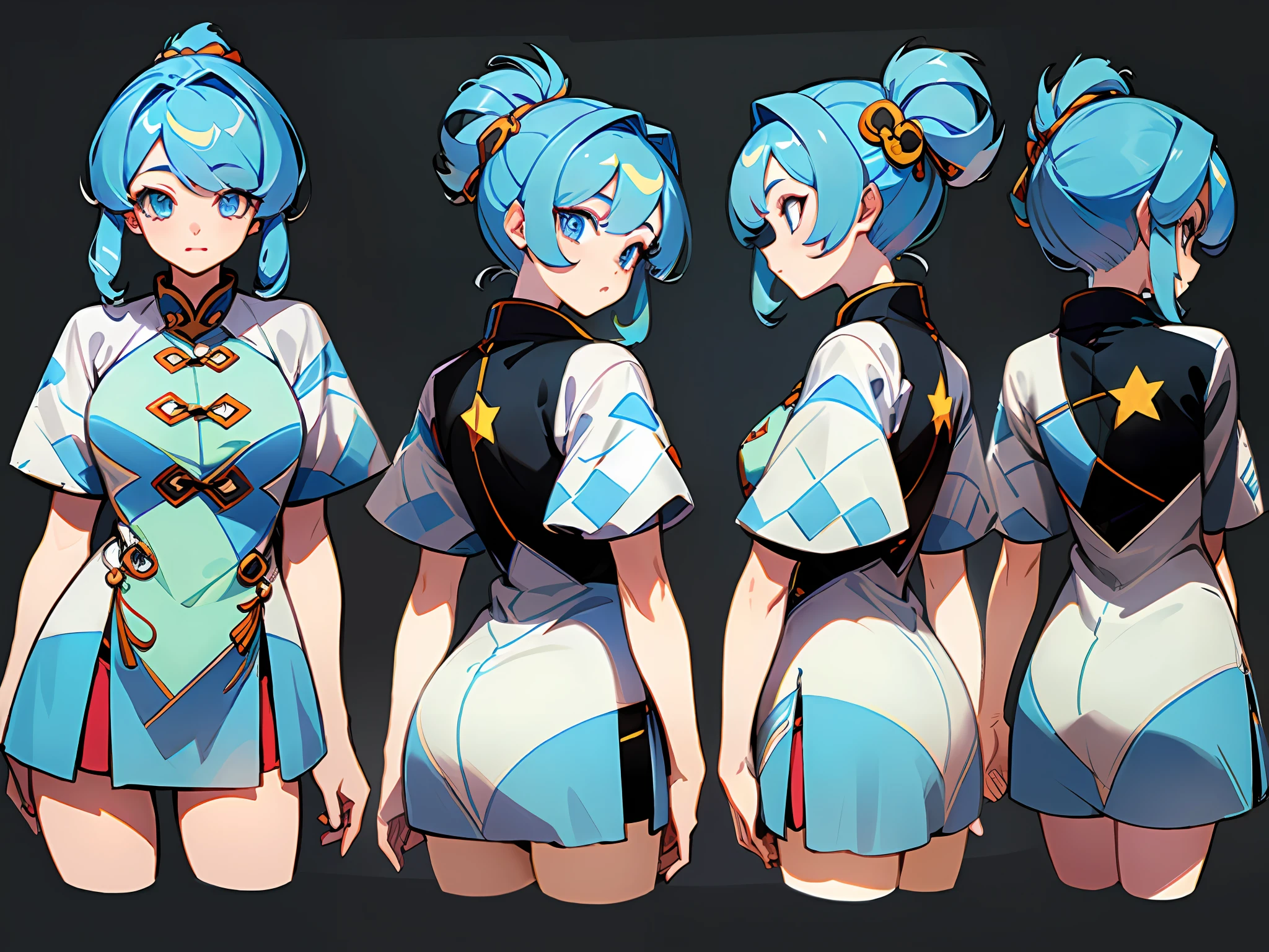 ((masterpiece)),(((best quality))),(character design sheet, same character, front, side, back), illustration, 1 girl, hair color, bangs, hairstyle fax, eyes, environment change scene, Hairstyle Fax, Pose Zitai, Female, Shirt Shangyi, Star, Charturnbetalora, (simple background, white background: 1.3), --6