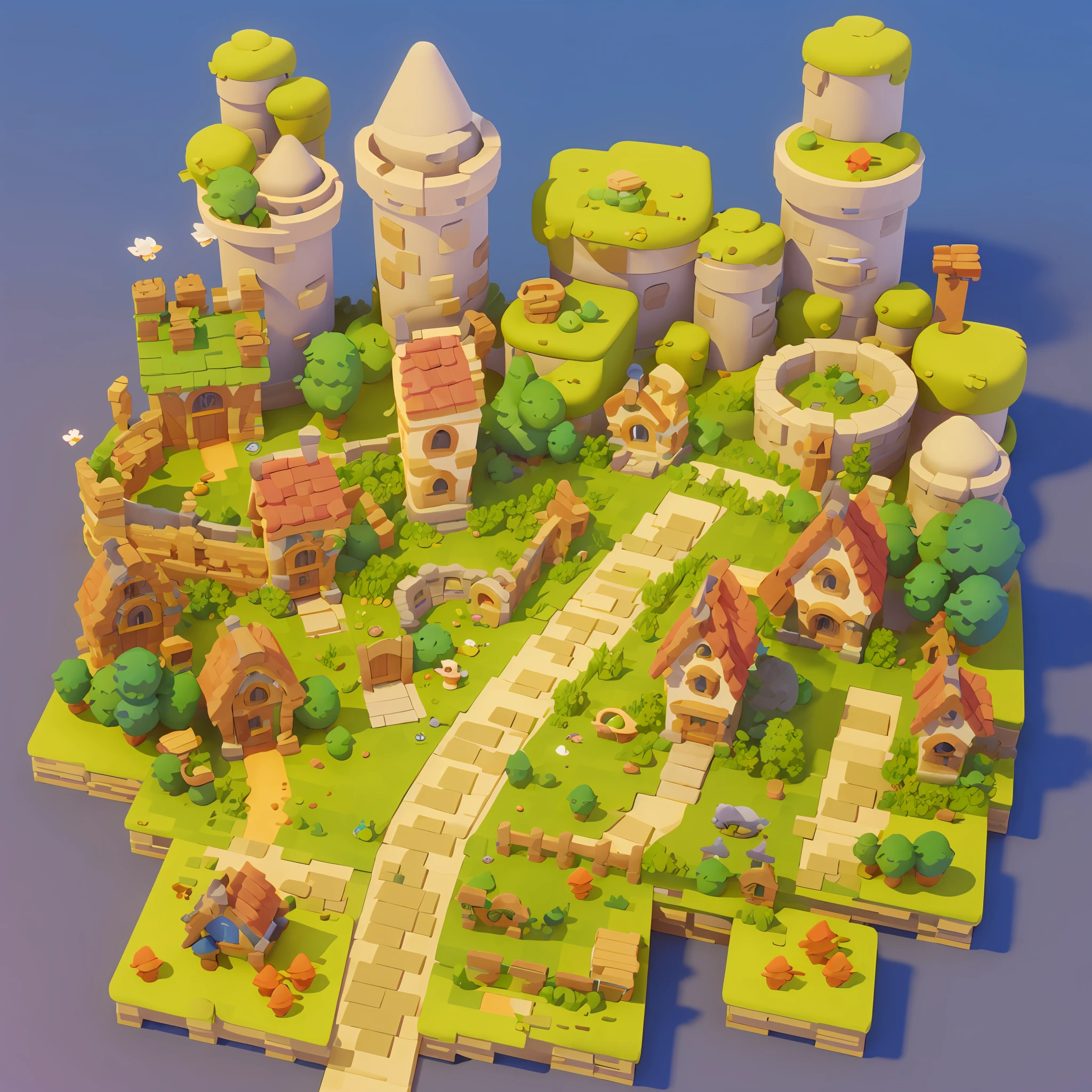 Game architecture design, cartoon, farm, castle, rampart, stone, brick, grass, river, flowers, vegetables, wheat, trees, animals, casual play style, 3d, blender, masterpiece, super detail, best quality