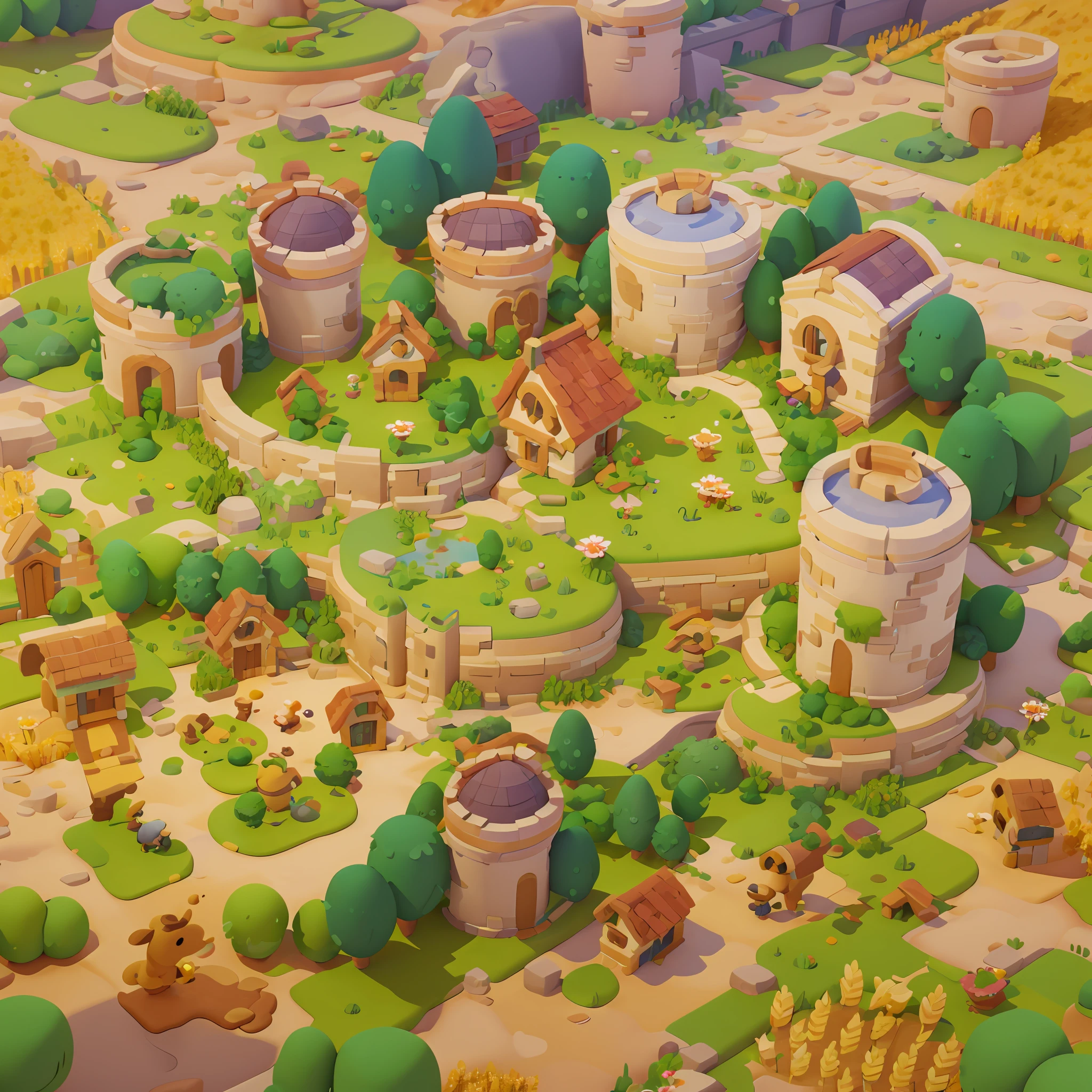 Game architecture design, cartoon, farm, castle, rampart, stone, brick, grass, river, flowers, vegetables, wheat, trees, animals, casual play style, 3d, blender, masterpiece, super detail, best quality