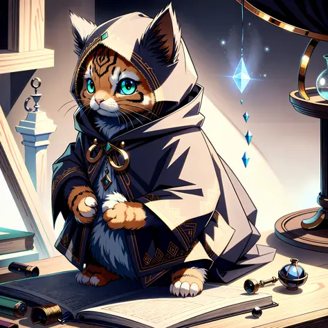 Cu73Cre4ture, cat wearing a cloak,hood,alchemy, potions,scrolls,drawings