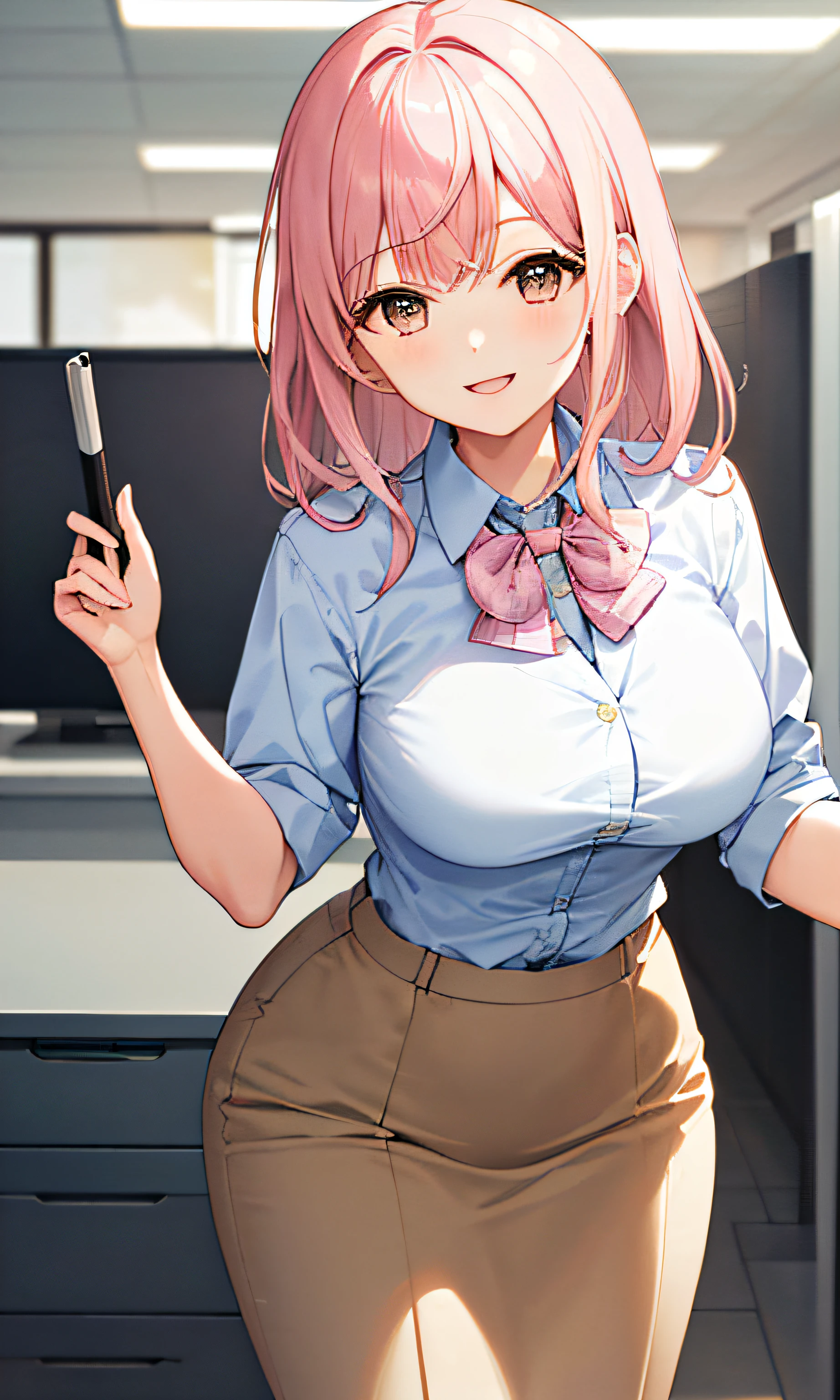 ((Masterpiece, Best Quality)), (1 person), (()), Pale Pink Hair, Hello, Horn, (OL)), Bangs, Medium, (Breast Augmentation), Slim, Smile, [Wide Hips], Office, Standing, There \ (Blue Archive)
