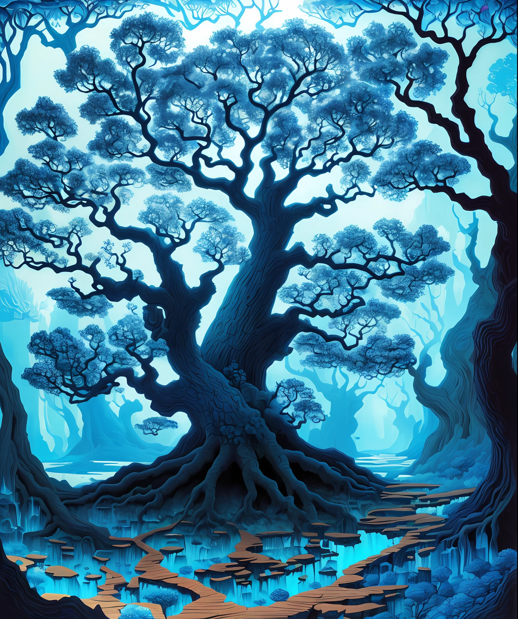 (low contrast), colorfantasystyle old painting style, a giant blue oak, cool colors, landscape, giant tree, blue, highly detailed, high resolution, dramatic lighting, 8k vibrant colors, detailed acrylic, intricate complexity, soft natural volumetric cinematic perfect light, oil painting, blue oak, blue oak