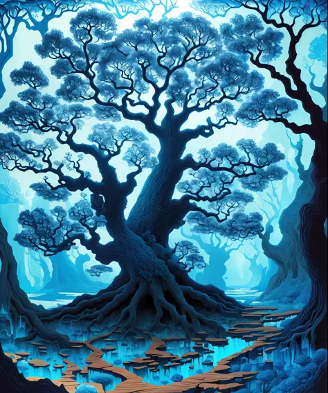 (low contrast), colorfantasystyle old painting style, a giant blue oak, cool colors, landscape, giant tree, blue, highly detaile...