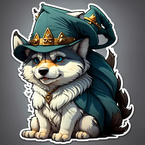 cute cartoon sticker of a wolf head wearing fantasy wizard hat