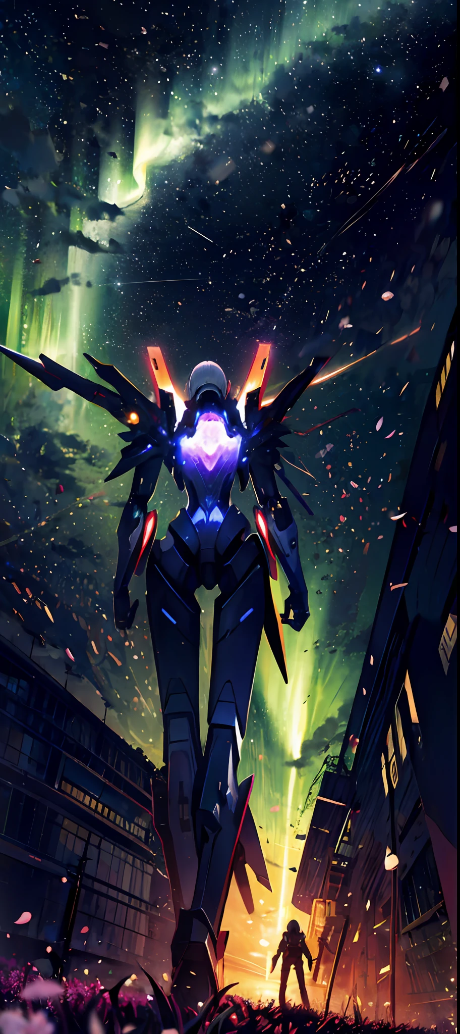 1girl, a distant girl staring at the stars in a mecha combat suit, (zoomed: 1.1), (meteor shower: 1.2), (comet: 1.1), your name, low angle, from behind, Northern Lights, meteors, mecha, red mech, cherry blossoms, standing in the field, best quality, masterpiece, clouds, colorful, starry, stars,