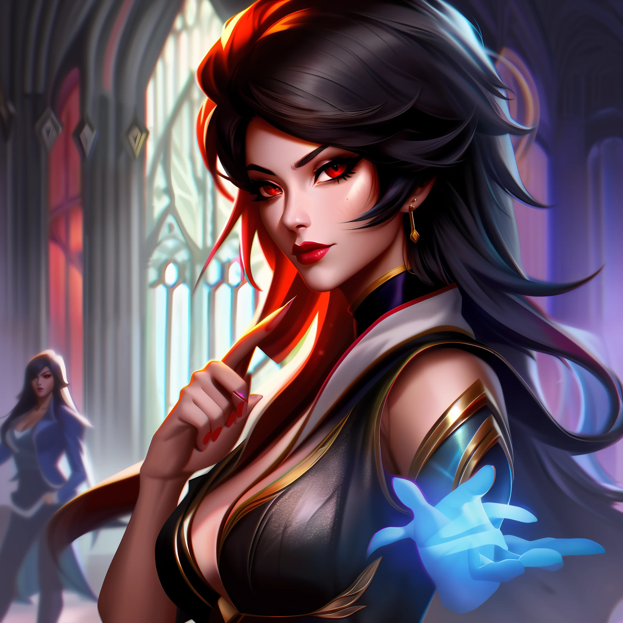 animé, une femme noire aux longs cheveux avec des yeux rouges rougis de fumée noire et de cendres dans une cathédrale sombre avec une lumière rouge à la main, pose de combat, Prêt à se battre portrait d'Ahri, Ahri, germe d&#39;art extrêmement détaillé, ahri de la ligue des légendes, Zenra Taliyah, artgerme style, Taliyah, Irlande, par Yang J., modèle ig | artgerme, de la ligue des légendes, leblanc, ! artgerme Dream