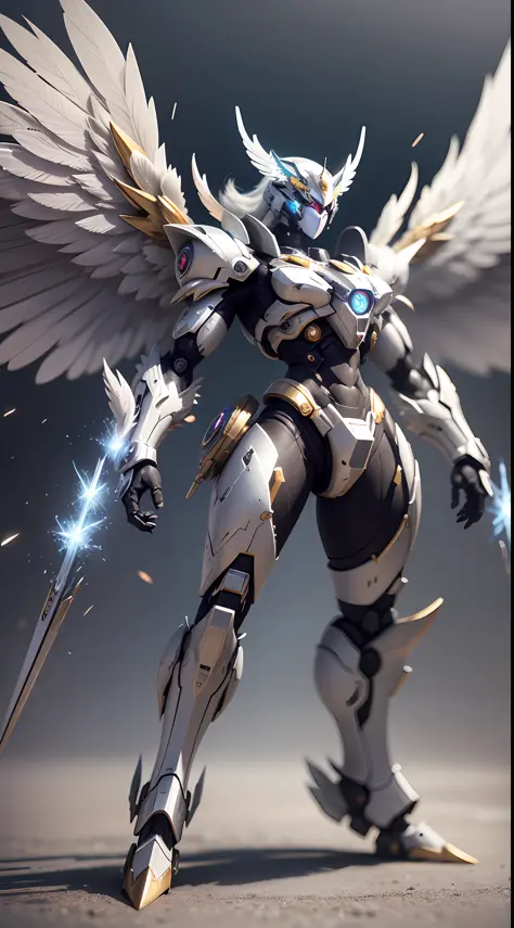 Steampunk style, cold colors, cinematic effects, huge sci-fi mecha, white-gold mecha with strong metallic luster, metallic wings on the back, wings are feathers and layers, the picture is centered, facing the audience, holding Fang Tianji, Fang Tianji part...