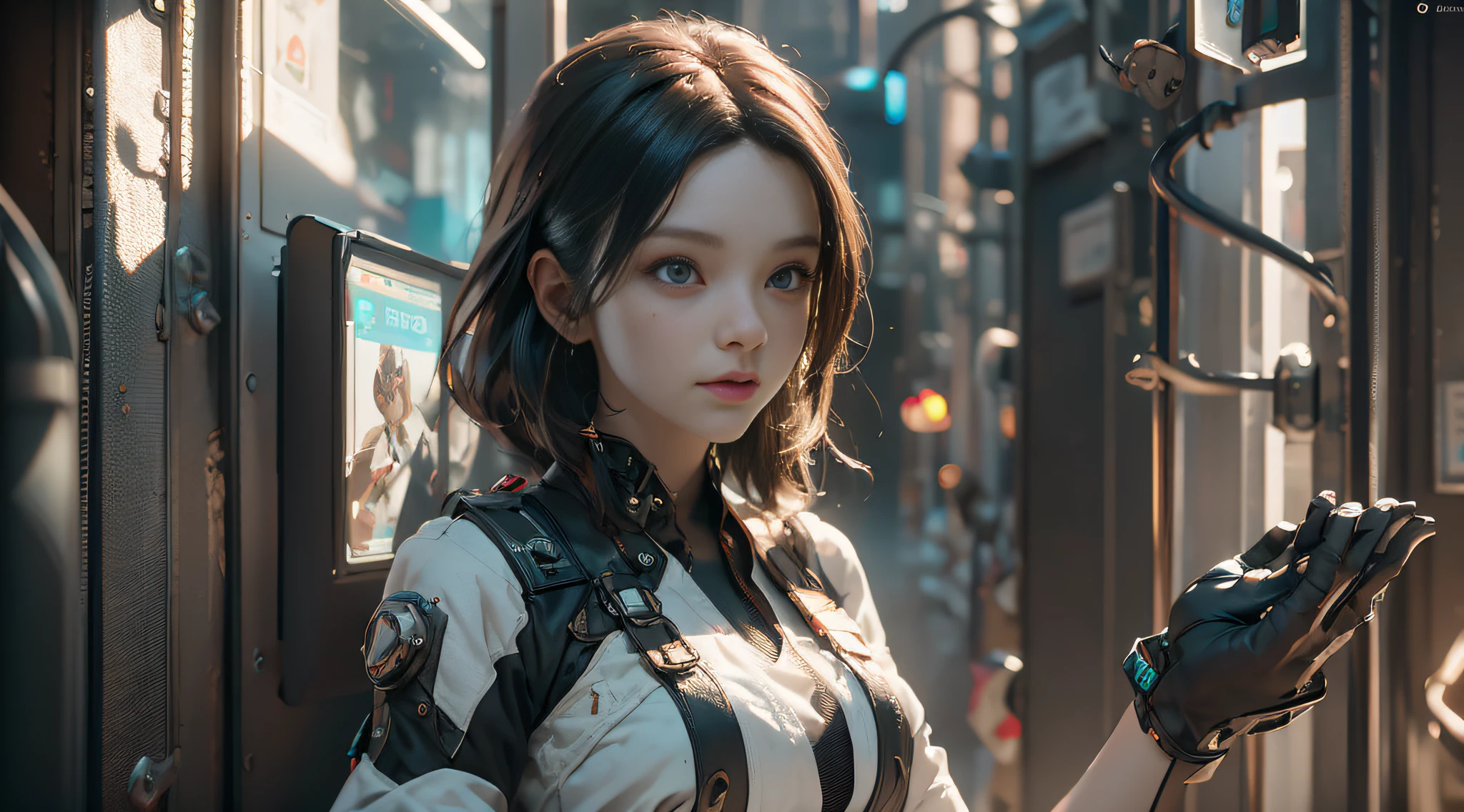 ((Best quality)), ((masterpiece)), (detailed:1.4), 3D, an image of a beautiful cyberpunk female,HDR (High Dynamic Range),Ray Tracing,NVIDIA RTX,Super-Resolution,Unreal 5,Subsurface scattering,PBR Texturing,Post-processing,Anisotropic Filtering,Depth-of-field,Maximum clarity and sharpness,Multi-layered textures,Albedo and Specular maps,Surface shading,Accurate simulation of light-material interaction,Perfect proportions,Octane Render,Two-tone lighting,Wide aperture,Low ISO,White balance,Rule of thirds,8K RAW,