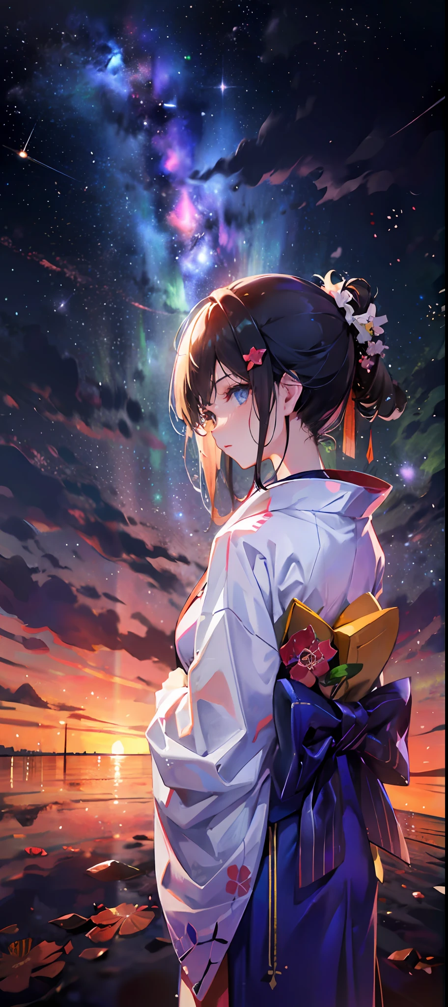 1girl, a distant girl in a kimono gazing at the stars, (Zoom out: 1.1), (Meteor shower: 1.2), (Comet: 1.1), Your Name, Low Angle, From Behind, Northern Lights, Shooting Star, Yukata, Red Kimono, Cherry Blossoms, Standing in the Field, Best Quality, Masterpiece, Clouds, Colorful, Starry, Stars, Starry Sky