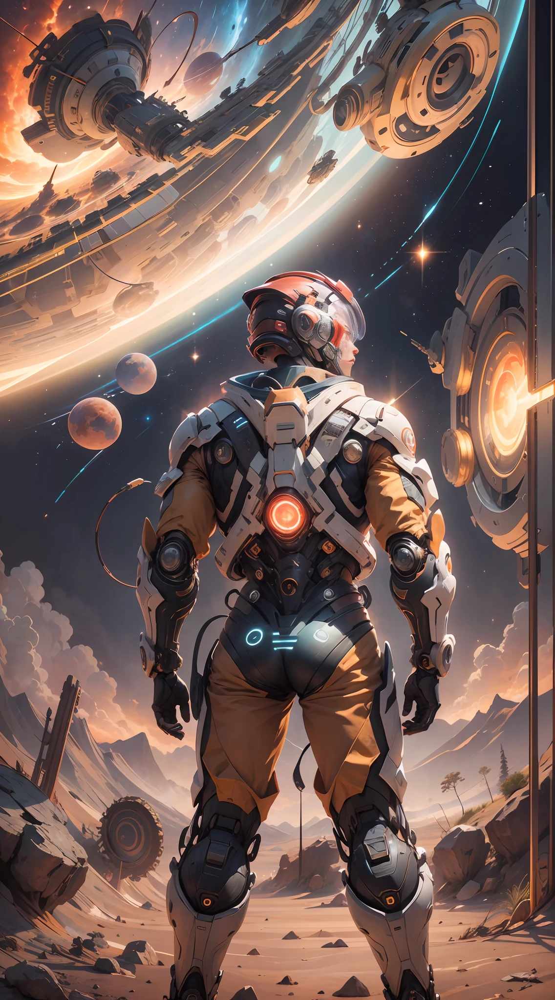 ((Masterpiece)), (Best Quality)), 8K, high detail, hyper-detail, the painting depicts a scene of breathtaking magnificent spatial images. The picture shows a man wearing a mecha, facing back, looking at a red glowing planet in space. The scenes are extremely detailed and the clarity is extraordinary, capturing every intricate detail of the panorama.