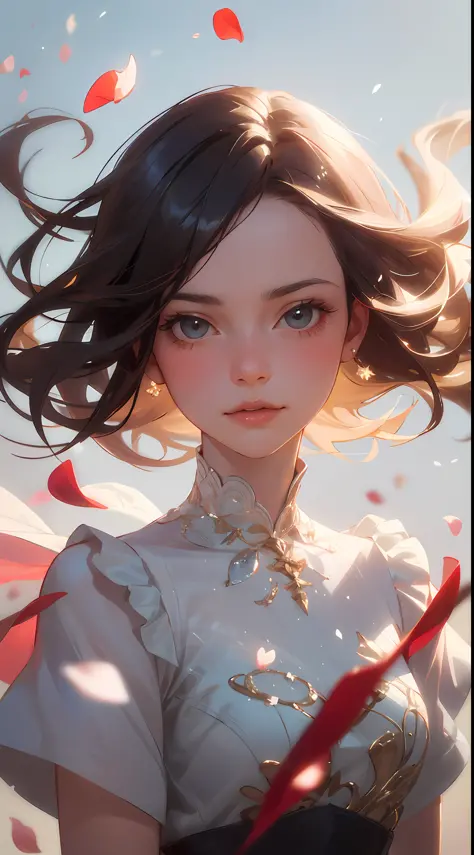 (best quality, masterpiece, ultra-realistic), 1 beautiful and delicate portrait of a girl, playful and cute, with floating petal...