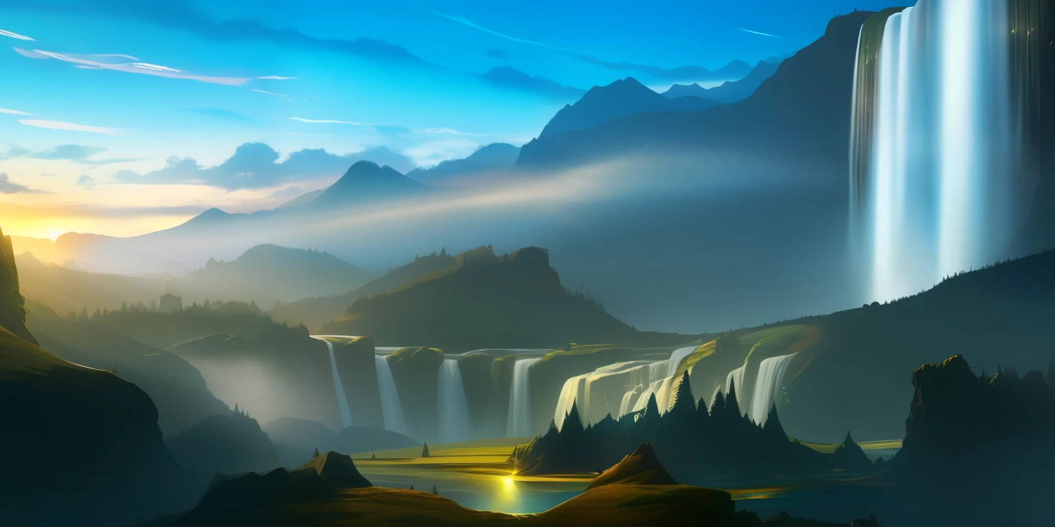 Beautiful landscape, with a strong glow in the sky(mountainous_horizon), (light_rays), ((waterfall)), magnificent, luxury, detailed, sharp focus, close up, low angle, high detail, volumetric, illustration, cold lighting, by Jordan Grimmer and Greg Ruttowski, trend in ArtStation, Pixiv