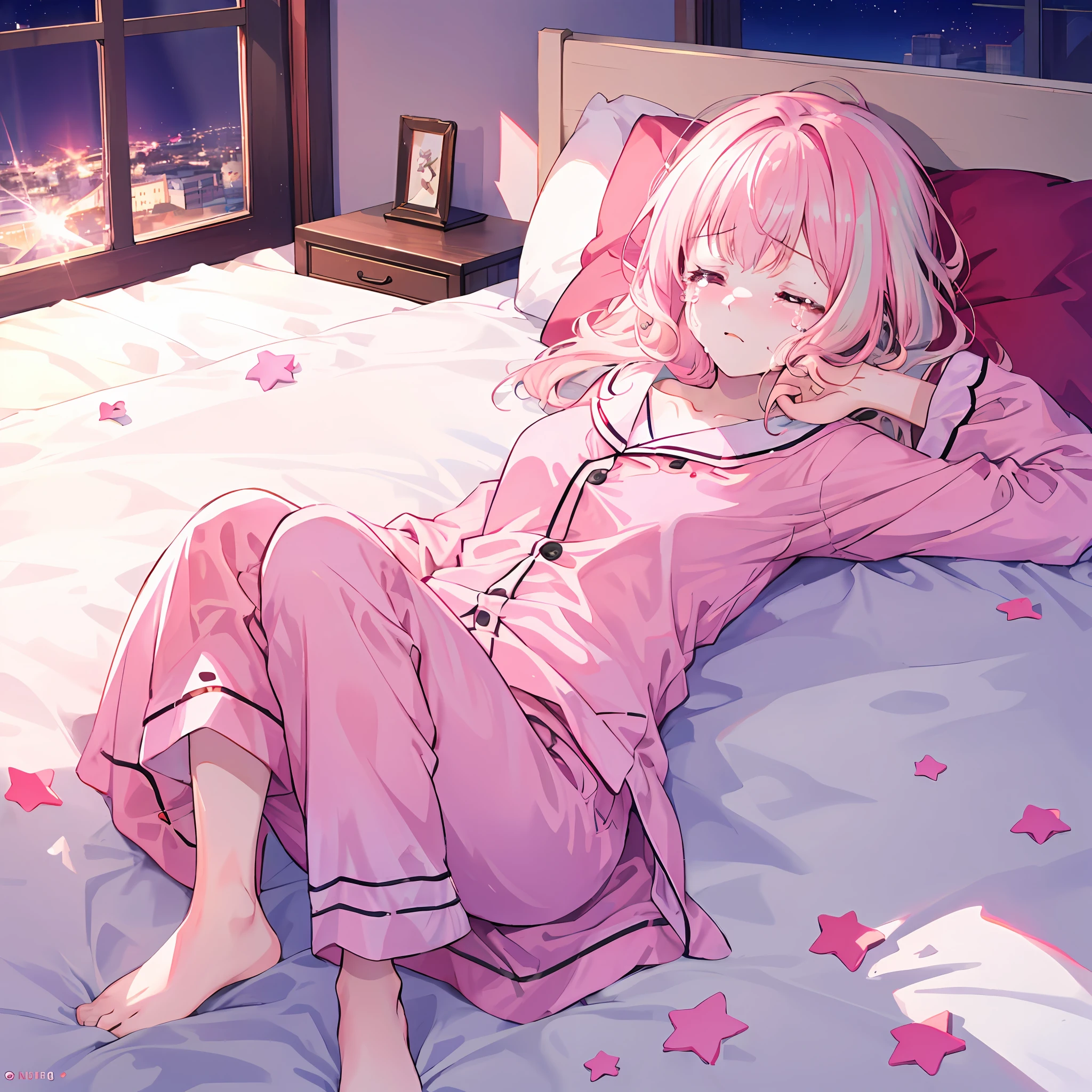 Top Quality, Masterpiece, High Definition, Very Detailed, 8K, One Girl, Cute, Anime, Crystal Clear White Skin, Sensual, Full Body, Junior High School, 14 Years Old, (Hair Color Shining Light Pink), Cute Summer Pajamas, Sleeping Like Dead On Beautiful Cute Bed, Tears, Frightened, Scared, Midnight