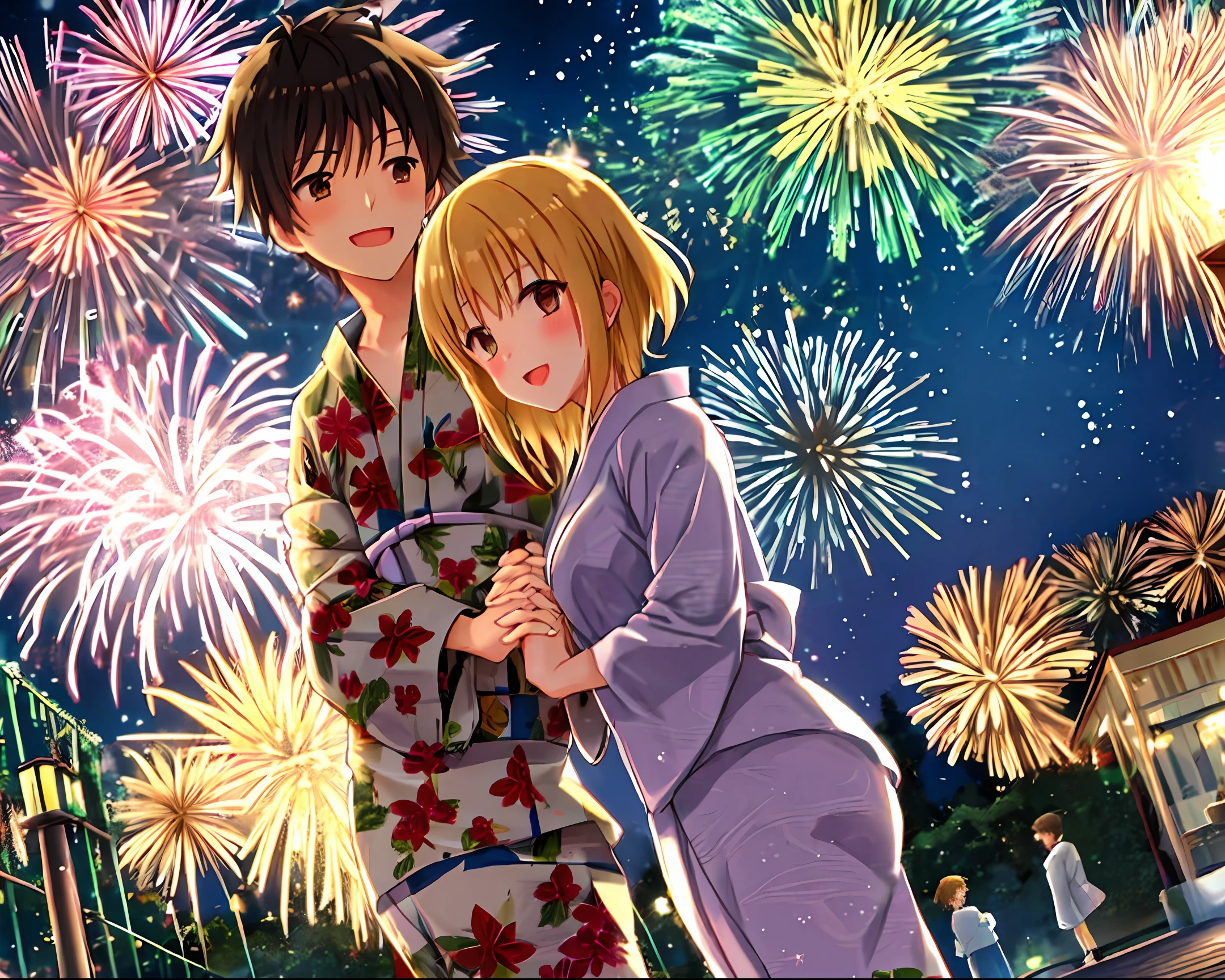 Une fille en yukata et un garçon en yukata se tiennent la main. Des feux d&#39;artifice se déclenchent derrière ces deux-là.