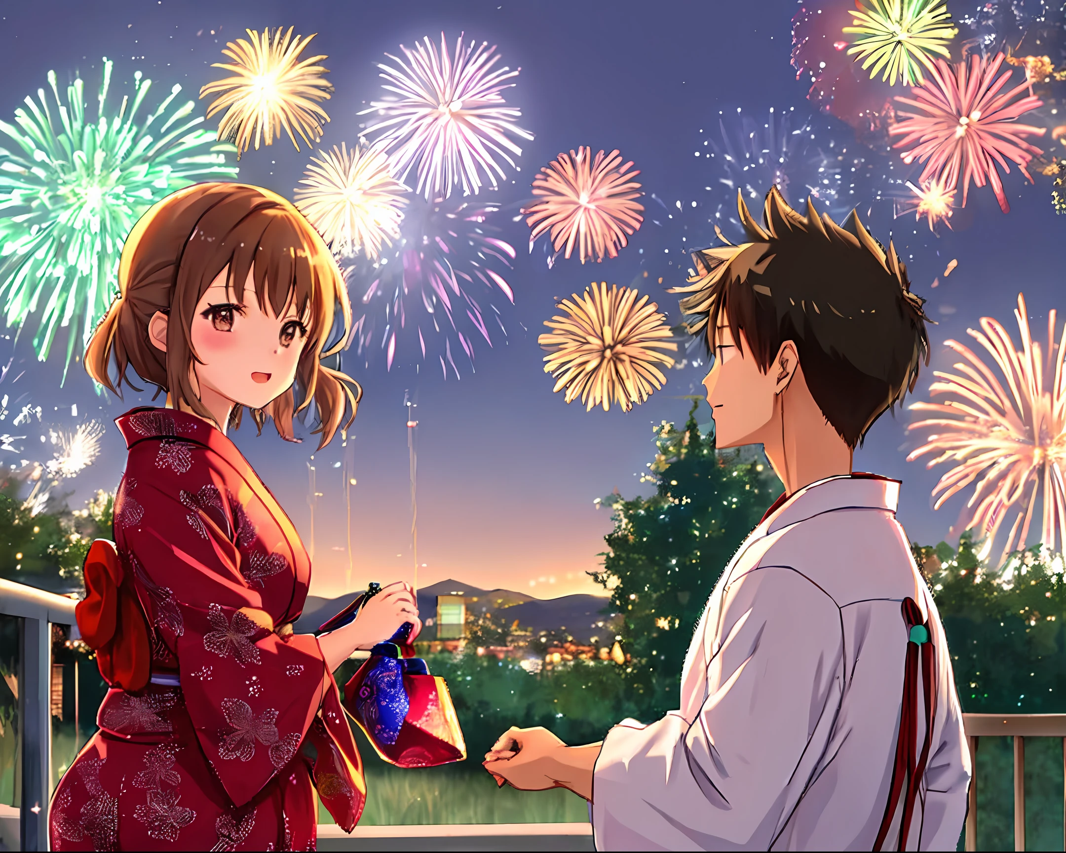 Una chica con yukata y un chico con yukata se dan la mano. Los fuegos artificiales suenan detrás de esos dos.