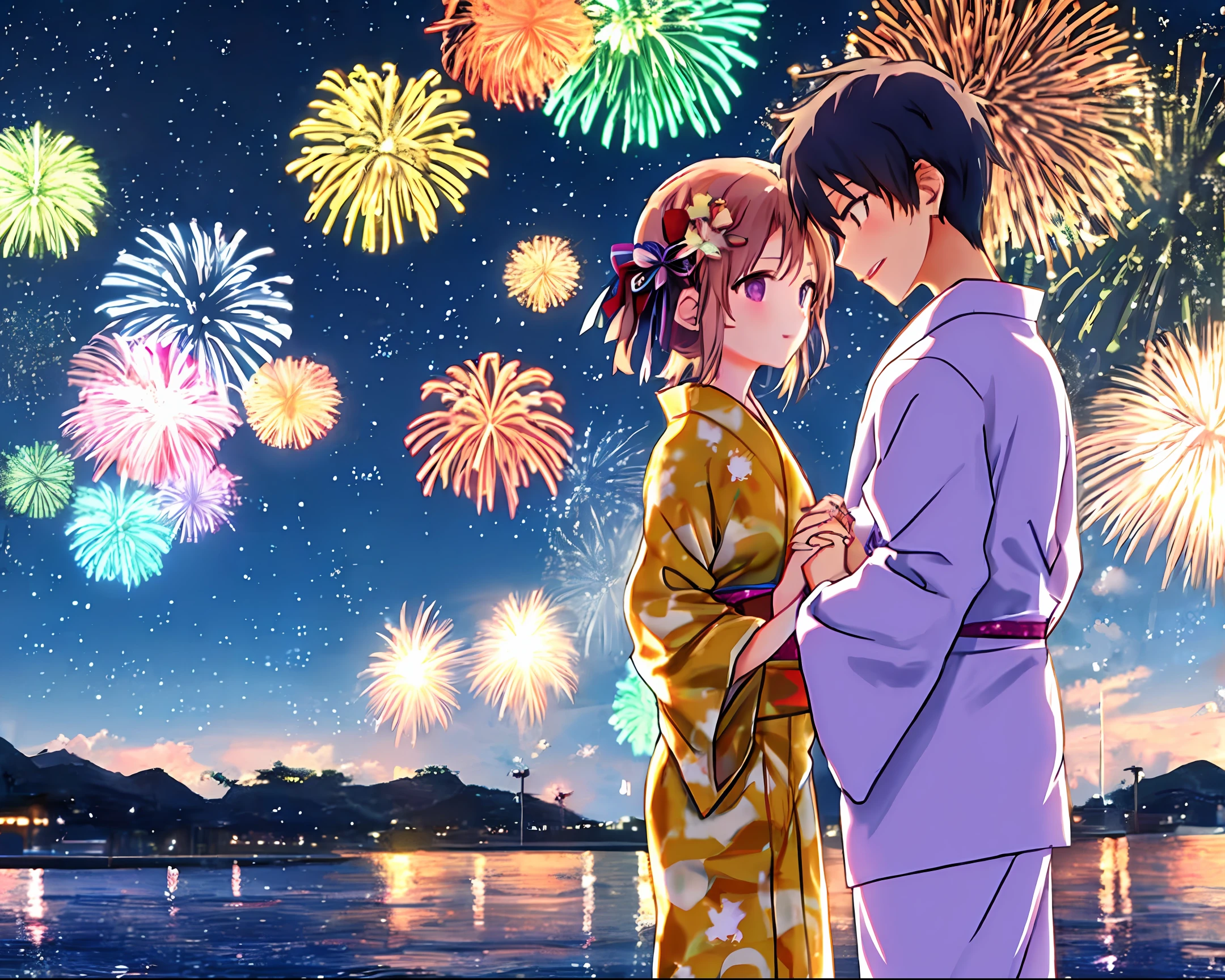 Uma garota com um yukata e um garoto com um yukata de mãos dadas Fogos de artifício explodem atrás dos dois