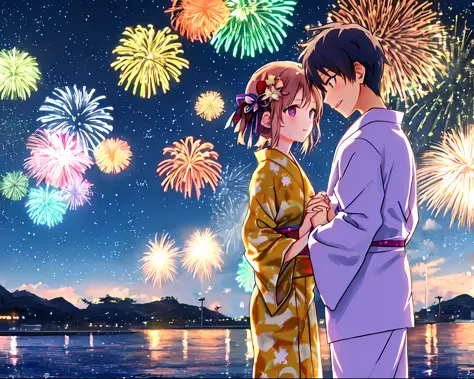 a girl in a yukata and a boy in a yukata hold hands
fireworks go off behind those two