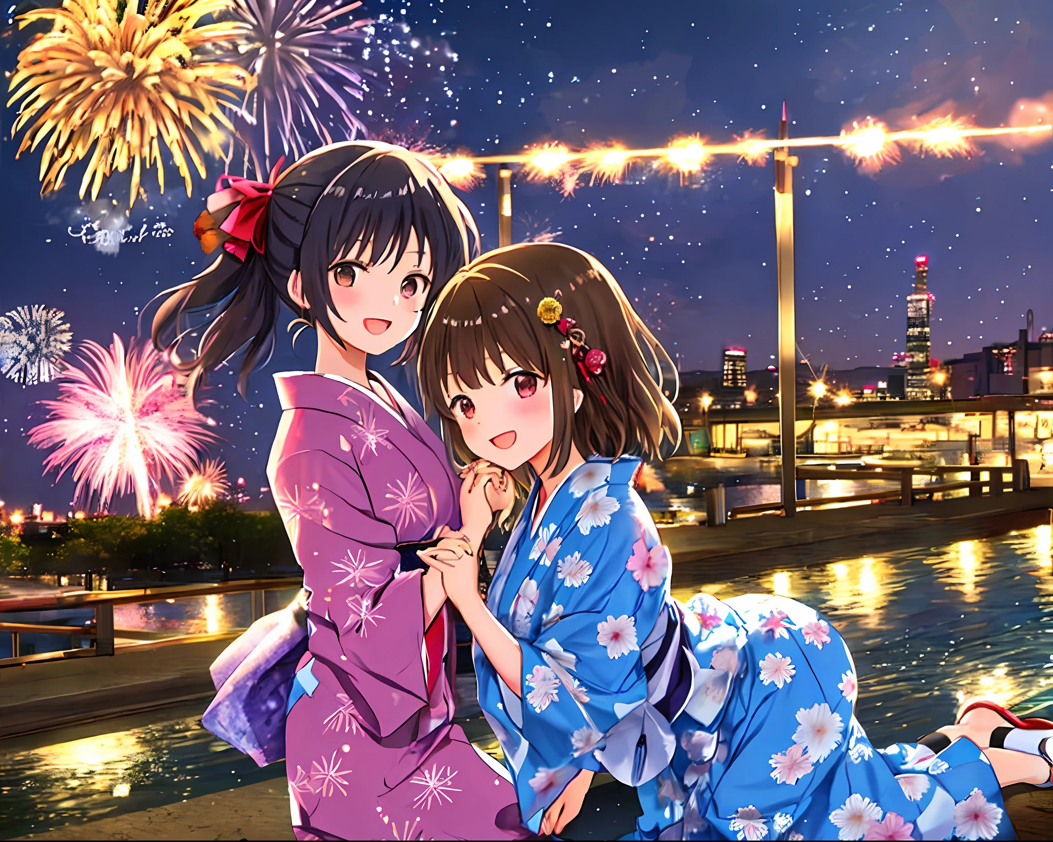 Una chica con yukata y un chico con yukata se dan la mano. Los fuegos artificiales suenan detrás de esos dos.