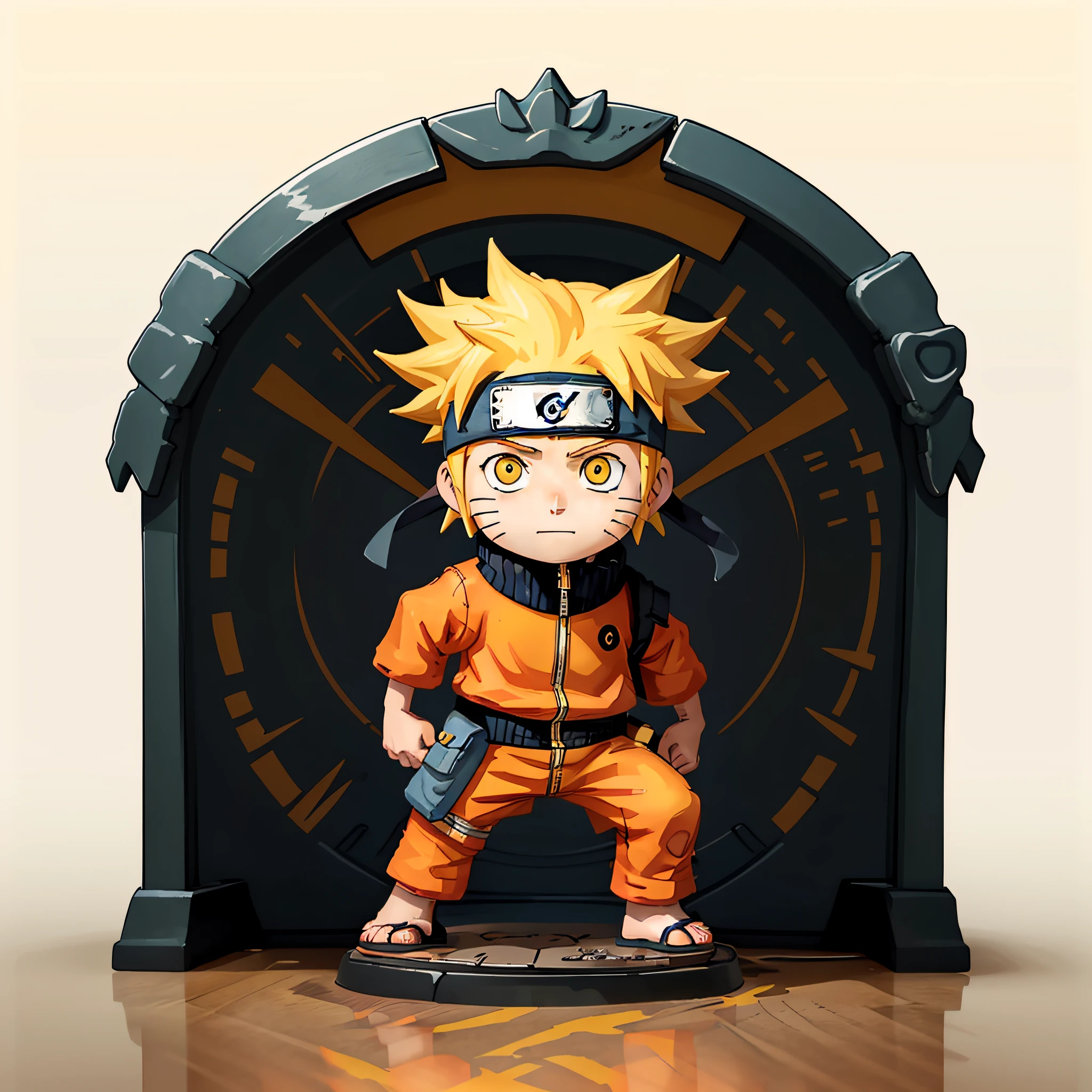 Funky Pop Naruto Statue, aus Plastik hergestellt, gedreht im Produktstudio, Auf weißem Hintergrund, diffuse Beleuchtung, zentriert, gelbe Kleidung, normale Hände, normale Füße