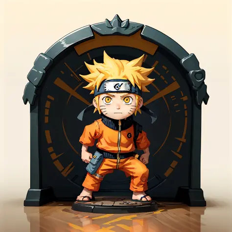 Funky pop Naruto statue, made of plastic, shot in product studio, on white background, diffuse lighting, centered, yellow clothe...
