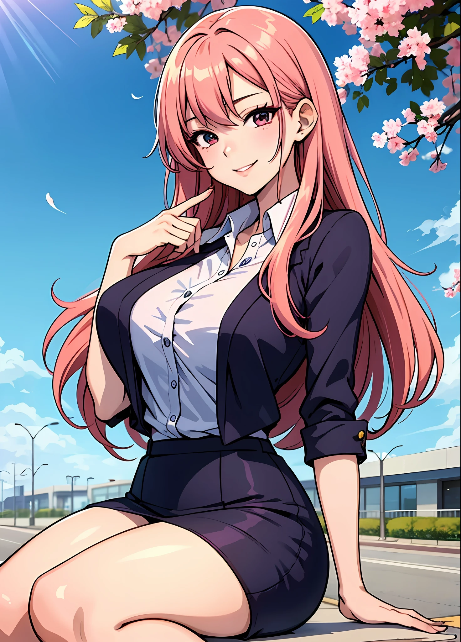 Junge Frau 29 Jahre: 1.3, Lachsfarbenes Haar erfüllt: 1.2, groß: 1.2, Beruf: 1.2, Tageszeit: 1.2, Auf der Strasse: 1.2, Filmbeleuchtung, beste Qualität, 8k ein Cartoon-Mädchen mit langen roten Haaren und einem rosa Oberteil, haruno sakura, provokantes Lächeln, Shoujo Manga, Ecchi-Anime-Stil, manhwa,definierter Körper, Büro Uniform, große Brüste