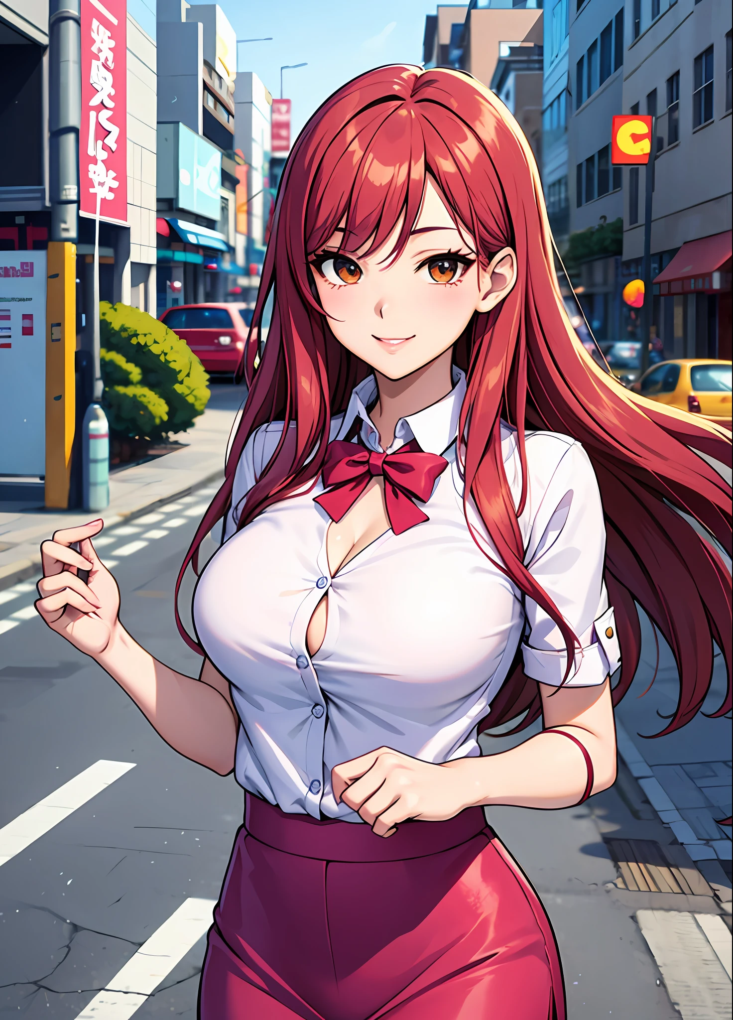 Junge Frau 29 Jahre: 1.3, Lachsfarbenes Haar erfüllt: 1.2, groß: 1.2, Beruf: 1.2, Tageszeit: 1.2, Auf der Strasse: 1.2, Filmbeleuchtung, beste Qualität, 8k ein Cartoon-Mädchen mit langen roten Haaren und einem rosa Oberteil, haruno sakura, provokantes Lächeln, Shoujo Manga, Ecchi-Anime-Stil, manhwa,definierter Körper, Büro Uniform, große Brüste