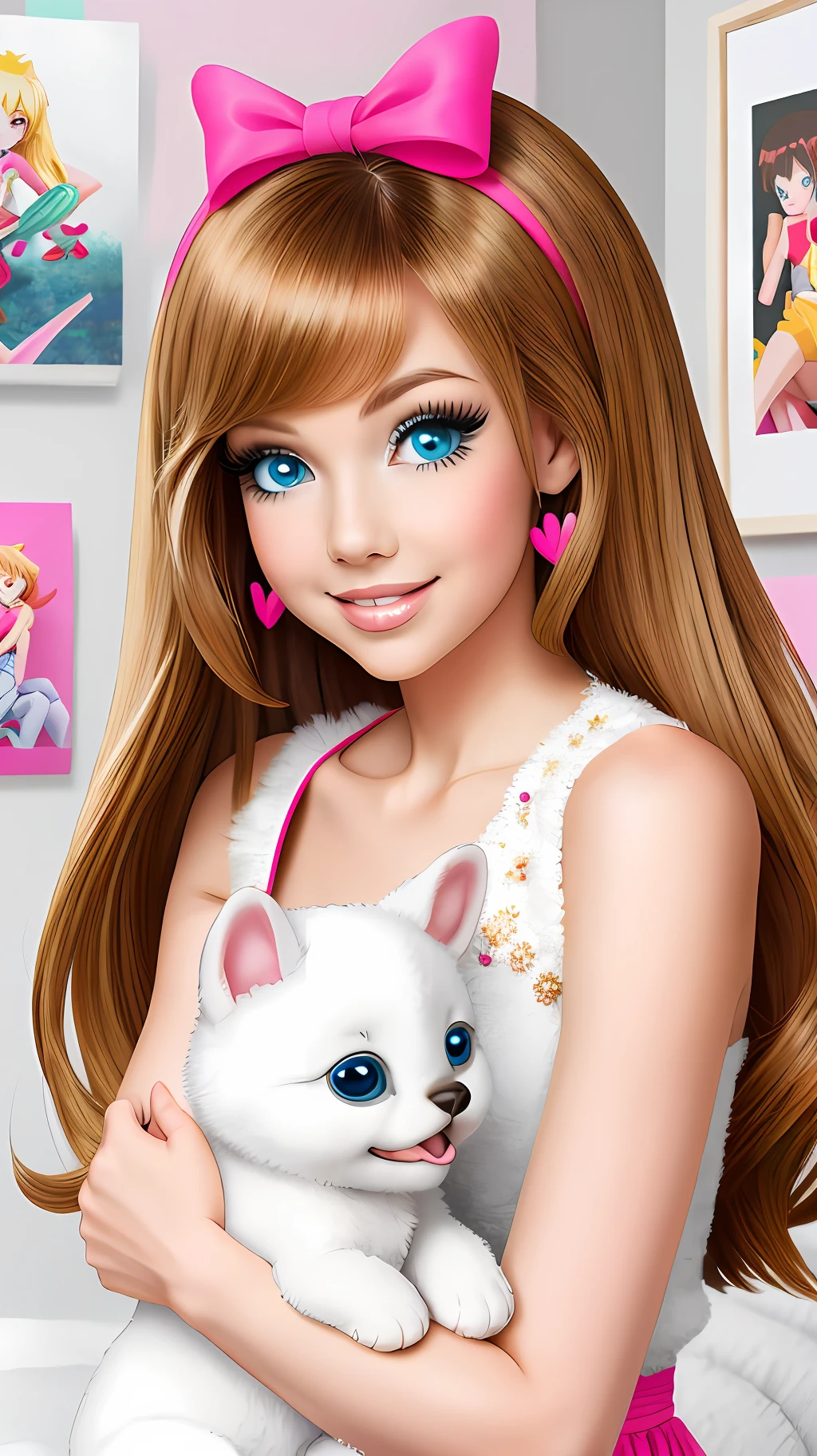 Barbie doll with a white cat and pink bow on her head - SeaArt AI