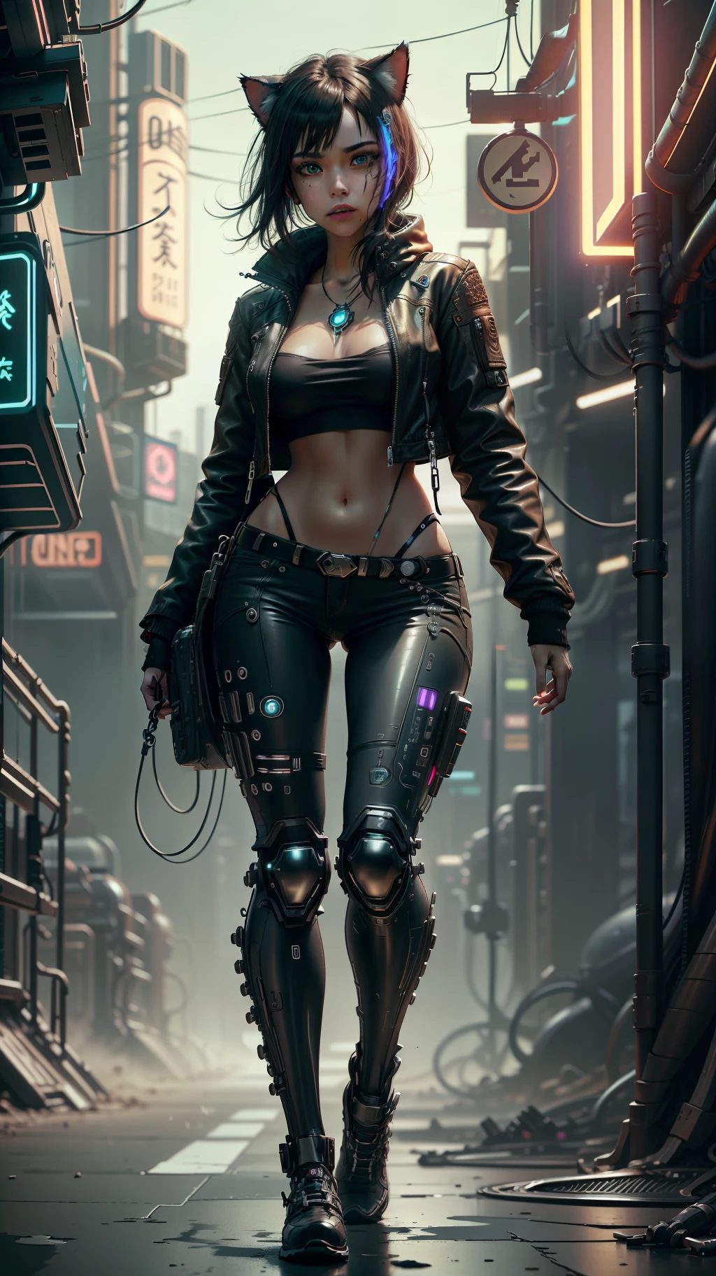 Beautiful full body shot of Reika Shimohira as a Nekomata catgirl, slender body, slender hips, big breasts, wearing full ((heavy cyberpunk armor)) with neon trim, ((leather tech jacket)), cat ears, cat tail, science fiction, cyberpunk city in the background, Gantz, In the Style of Cyberpunk 2077, Ultra realistic photo, masterpiece, best quality, CG, wallpaper, HDR, high quality, high-definition, extremely detailed, {beautiful detailed face}, {beautiful detailed eyes}, (detailed light){{intricate detail}}, {highres}, ((detailed face)), neon light, chiaroscuro, key visual, intricate detail, highly detailed, breathtaking, vibrant, cinematic