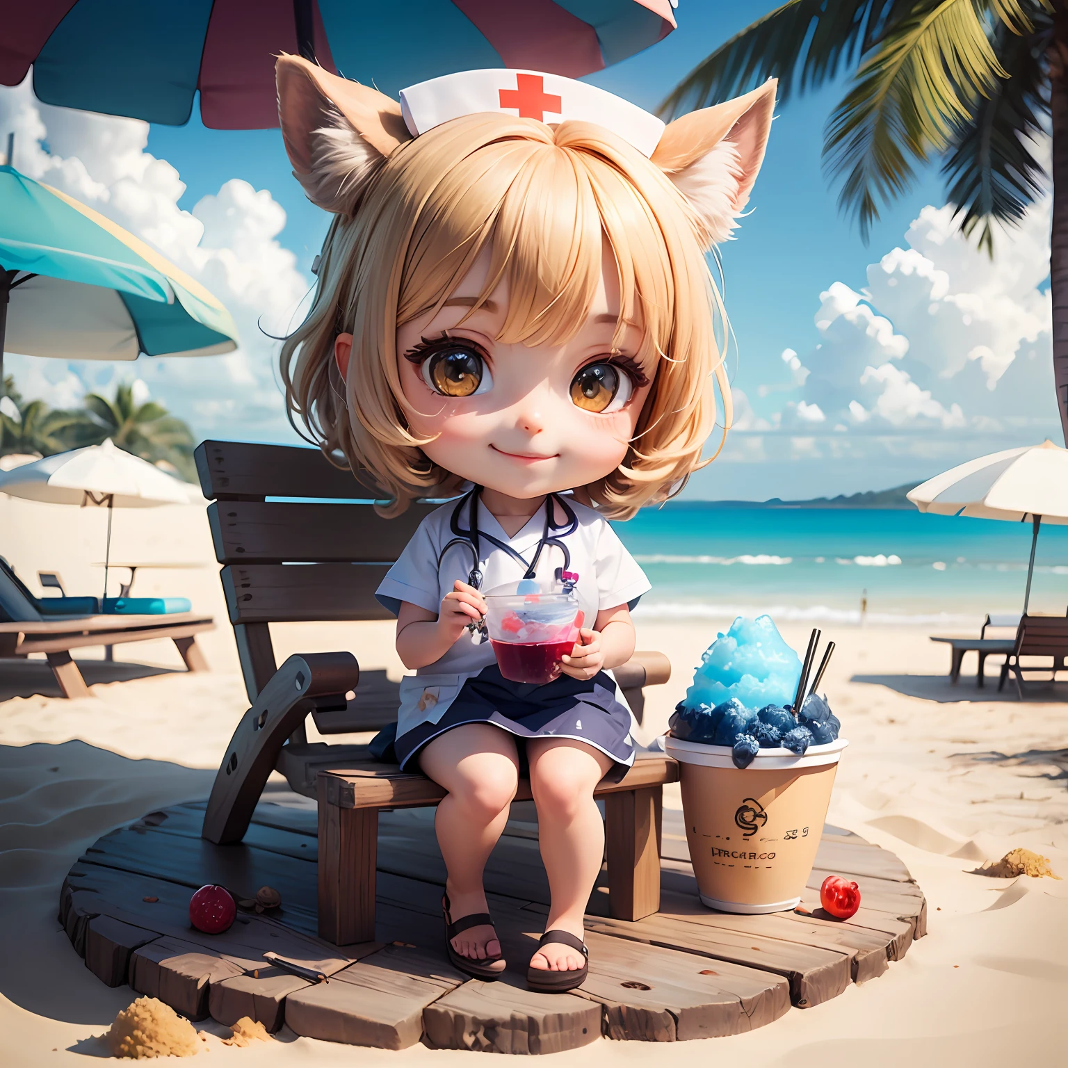 masterpiece, top quality, super detail, alpaca girl, chibi character, smile, nurse clothes, beach, summer, cool, umbrella, sitting, shaved ice, pretty view