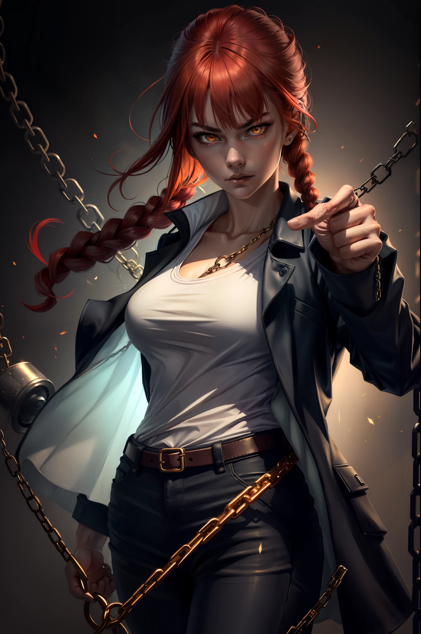 Makima, best quality, ultra detailed, 1girl, solo, standing, red hair, long braided hair, golden eyes, bangs, medium breasts, white shirt, tie, stand behind, look, serious face, (bad: 1.2), pointing at the viewer, (interview: 1.3), (dark background, chains: 1.3),