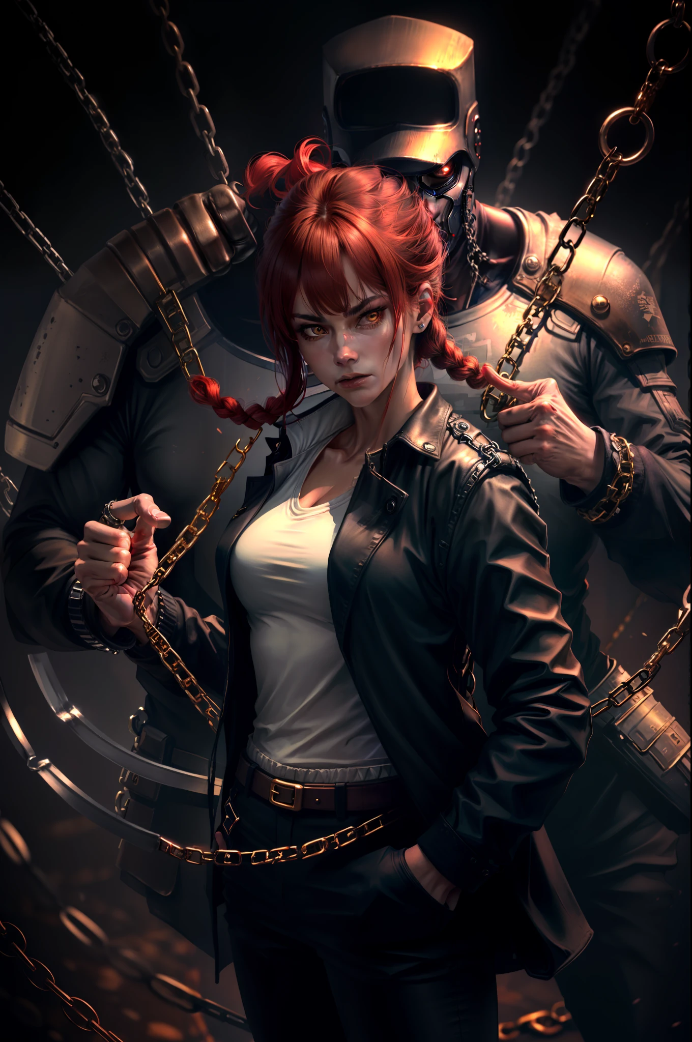 Makima, best quality, ultra detailed, 1girl, solo, standing, red hair, long braided hair, golden eyes, bangs, medium breasts, white shirt, tie, stand behind, look, serious face, (bad: 1.2), pointing at the viewer, (interview: 1.3), (dark background, chains: 1.3),