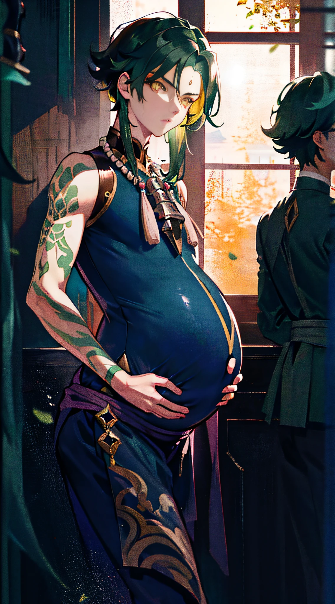 Anime pregnant woman in a blue dress with a tattoo on her arm - SeaArt AI