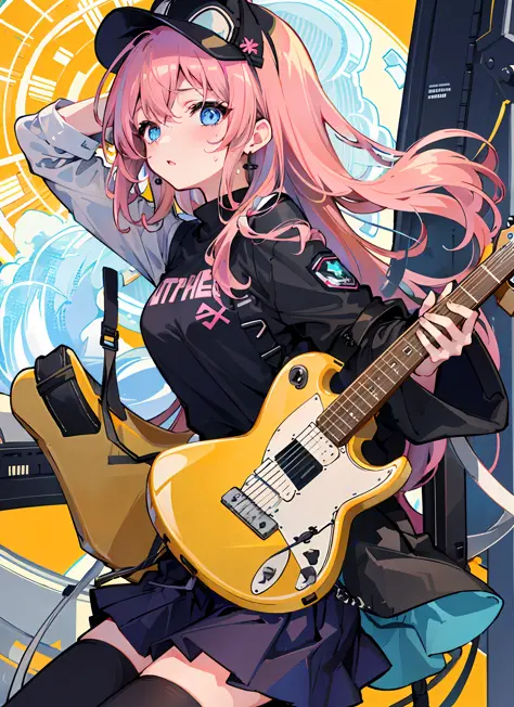 instrument, sweat, 1girl, guitar, holding_instrument, shirt, solo, long_hair, blue_eyes, black_shirt, skirt, electric_guitar, pi...