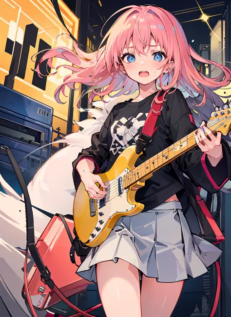 instrument, sweat, 1girl, guitar, holding_instrument, shirt, solo, long_hair, blue_eyes, black_shirt, skirt, electric_guitar, pi...