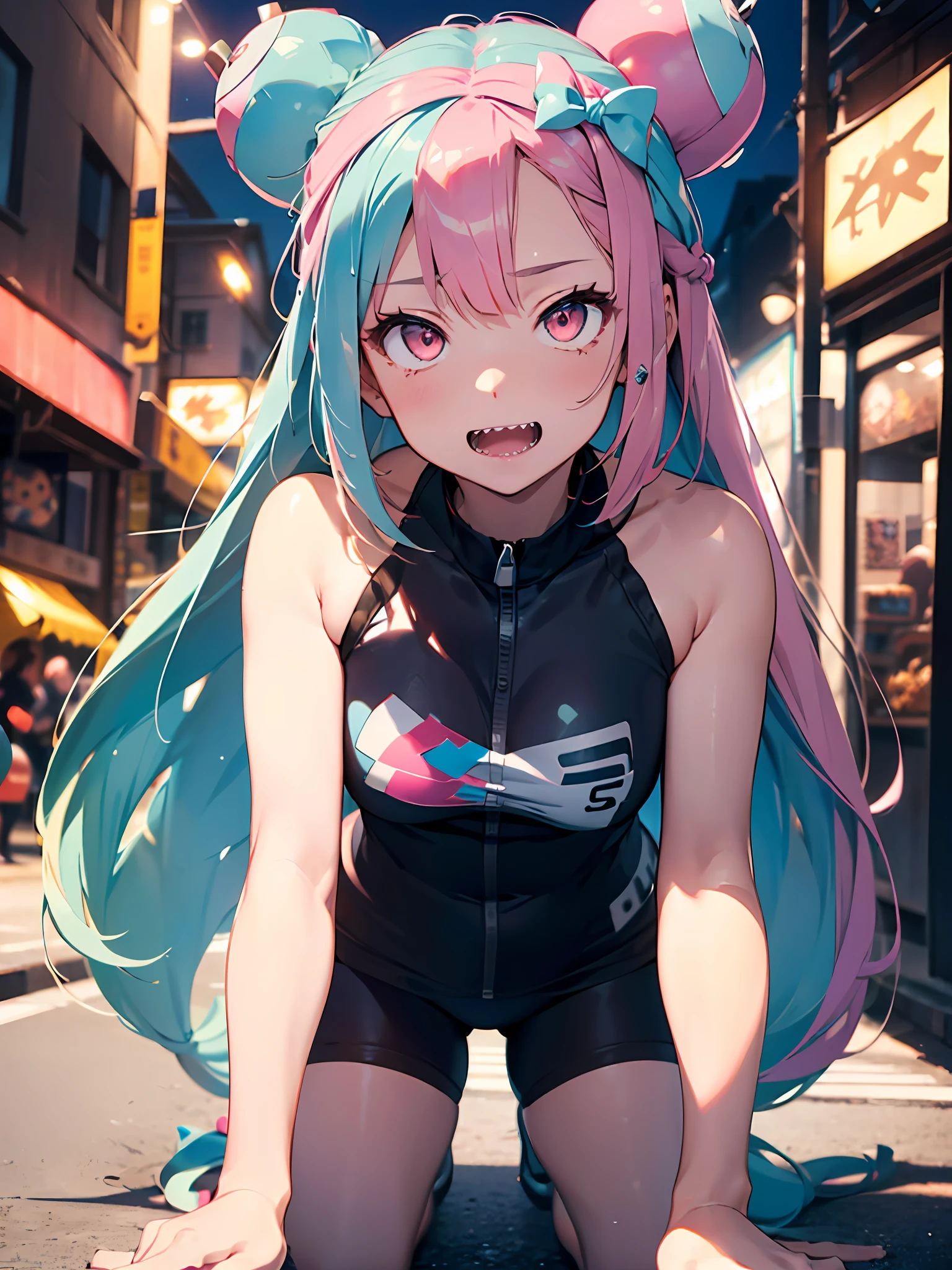 ultra detailed, illustration, masterpiece, (hyper super ultra detailed perfect beautiful piece), (pink hair, bow-shaped hair, aqua hair, multicolored hair, low-tied long hair, long hair, very long hair, two-tone hair, twintails, bun hair), pink eyes,grey footwear, character hair ornament, hexagon print,shirt, teeth, sharp teeth, super detailed skin,((detailed lightning city background)), (best quality), ((Solo)), beautiful atelier, (perfect anatomy), , looking at viewer, Iono (Pokemon),((black fit bike shorts)),ahg, rolling eyes,ahg, rolling eyes,ahg, rolling eyes,