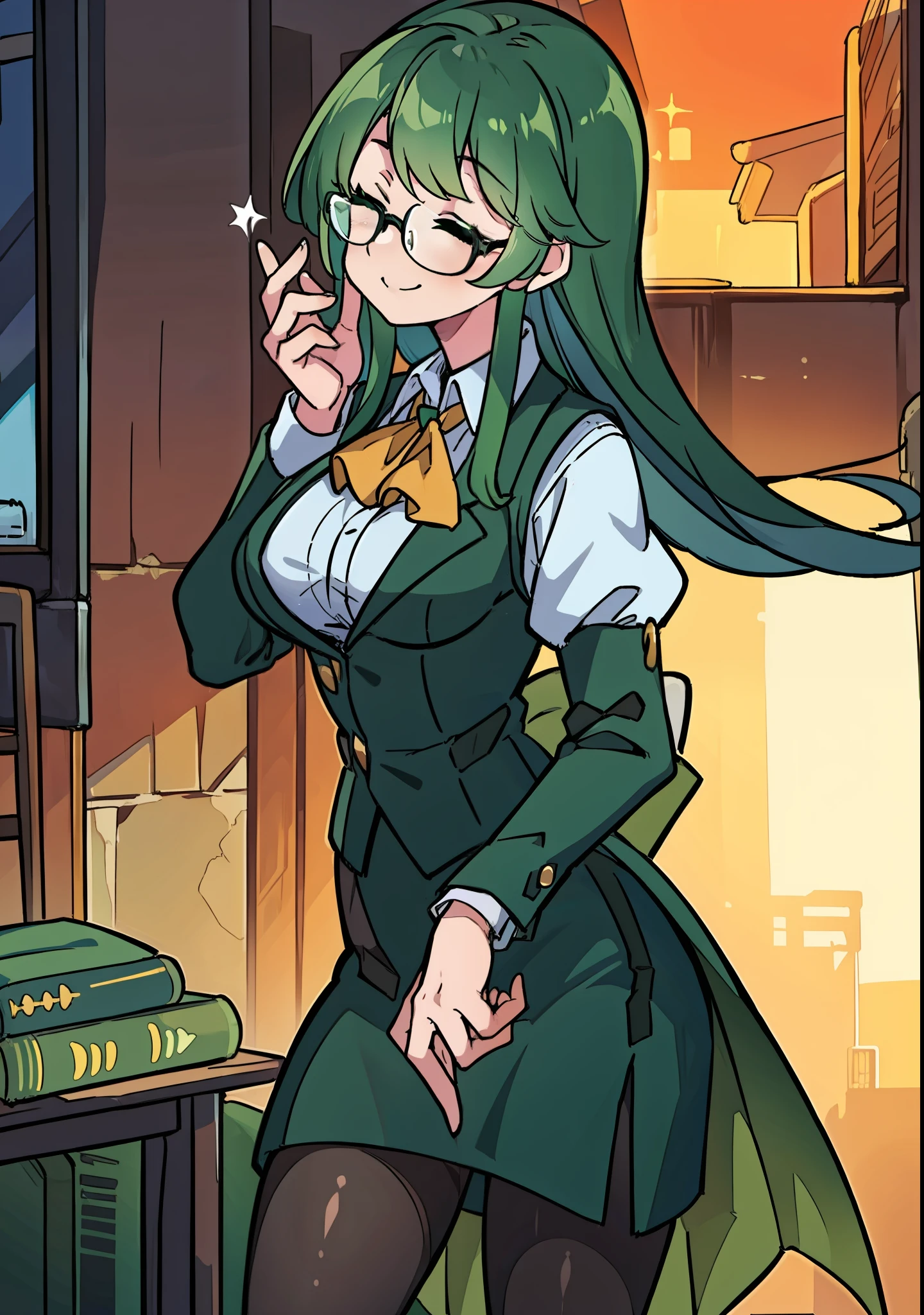 (((Masterpiece))),(((best quality))),1girl,Secretary, glasses, black pantyhose, green hair, closed eyes,smile, long hair