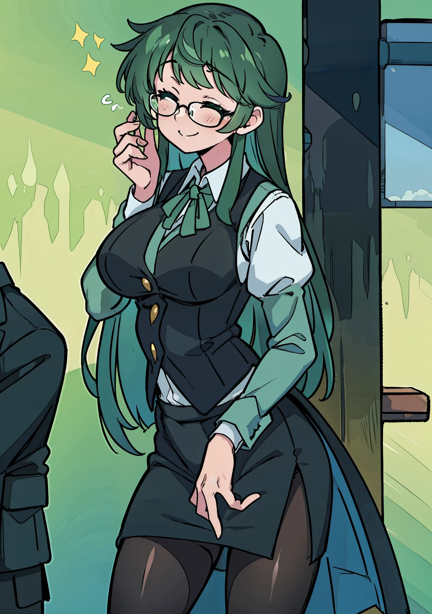 (((Masterpiece))),(((best quality))),1girl,Secretary, glasses, black pantyhose, green hair, closed eyes,smile, long hair, black vest