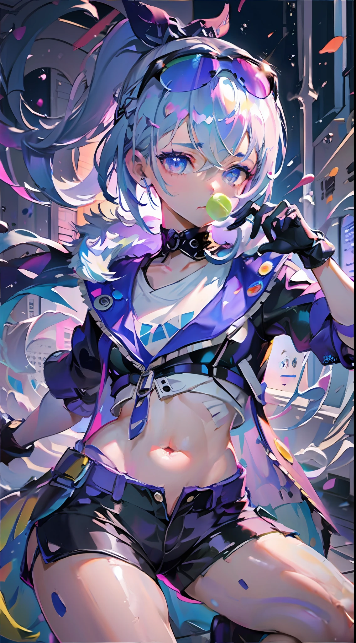 full body, 1girl, loli, solo, Eye focus,Masterfully crafted Glow, pink lens flare, Cinematic background,colourful, hyper details, hdr, ultra detailed eyes, mature, plump, rainbow painting drops,(supermodel:1.3), made up from paint, entirely paint, splat, splash, indoors, (bioluminescent hair:1.1),(glowing eyes),  ((makeup)), fierce, powerful, splashes of colour absolutely eye-catching, dynamic angle, beautiful detailed glow, ambient occlusion, ambient light, raytraced reflections, retro style, living arcade characters, arcade style world, gloves, jacket,weapon, shorts, black gloves, black jacket, gun, drill hair, black shorts, eyewear on head, bubble blowing, chewing gum, (Cute face:1.3),