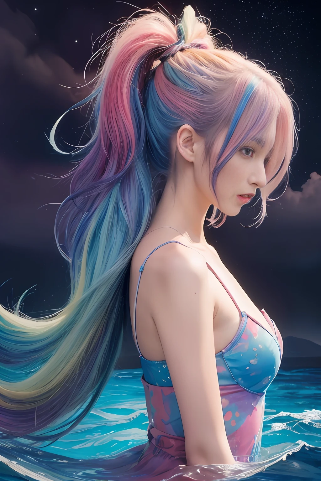 (傑作, 頂級品質, 最好的品質,水color (中等的),官方藝術, 美麗又美觀:1.2),(1個女孩:1.3), (分形藝術:1.3),上半身, 從側面, 看著觀眾,模式,(彩虹色頭髮,豐富多彩的 hair,一半藍色一半粉紅色的頭髮:1.2),水,液体, 雲,豐富多彩的, 繁星點點,星星,