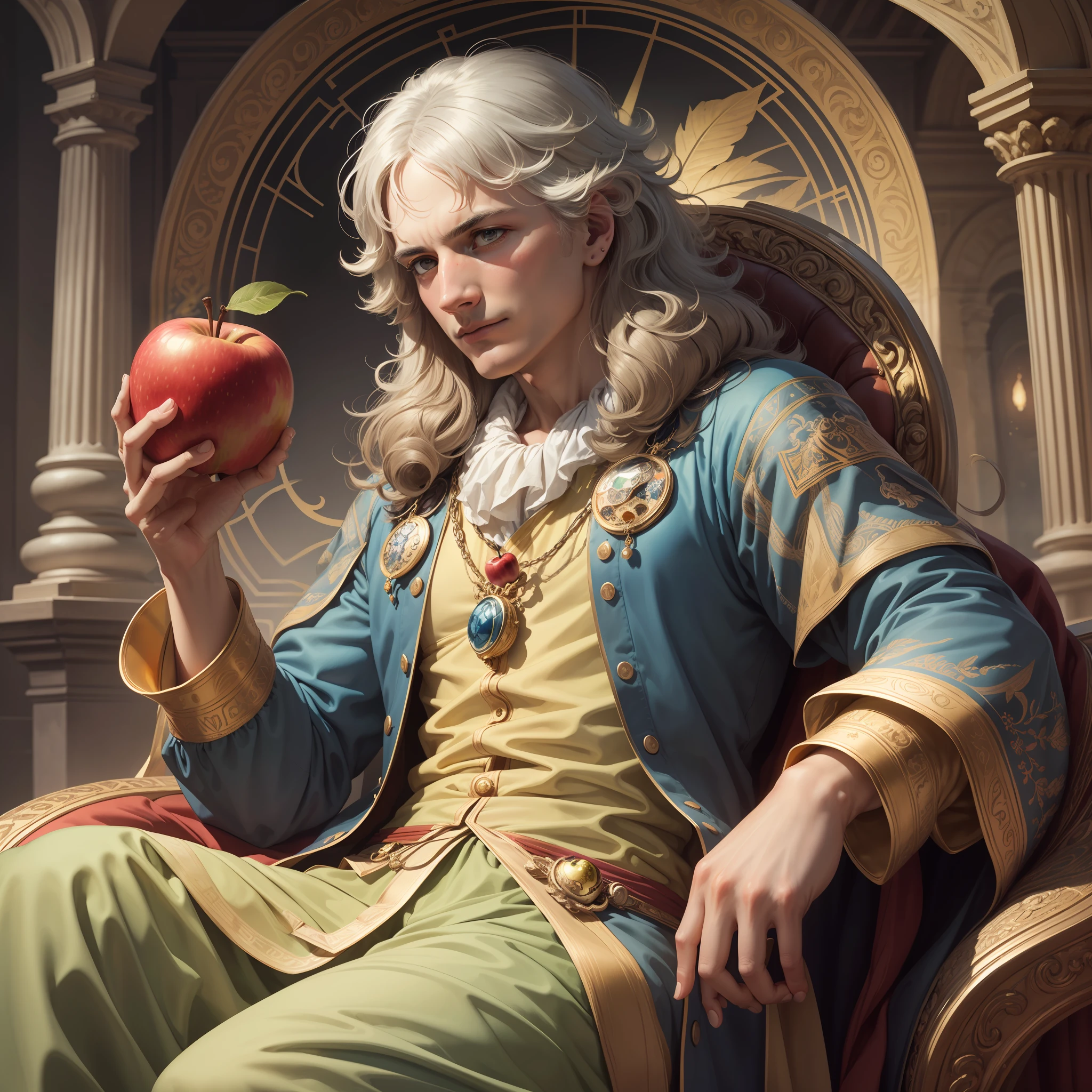 "위엄있는 왕처럼 사과를 들고 있는 아이작 뉴턴의 모습을 매우 세밀하고 아름다운 일러스트로 표현하였습니다., 완벽한 색상의 그라데이션으로 왕좌에 앉아."
