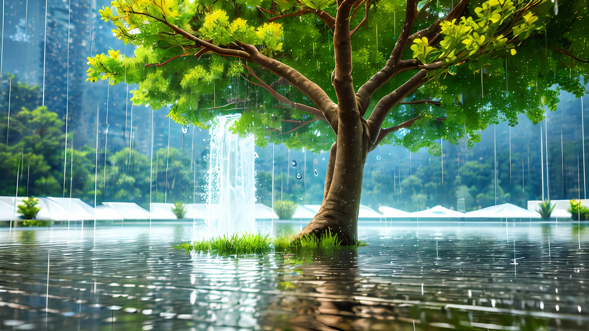 (masterpiece, best quality),1.2, cuva, over rain, best quality,1.5,, , thunder, tree raining,water pose, drops, outside, realistic,3d