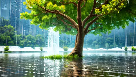 (masterpiece, best quality),1.2, cuva, over rain, best quality,1.5,, , thunder, tree raining,water pose, drops, outside, realist...