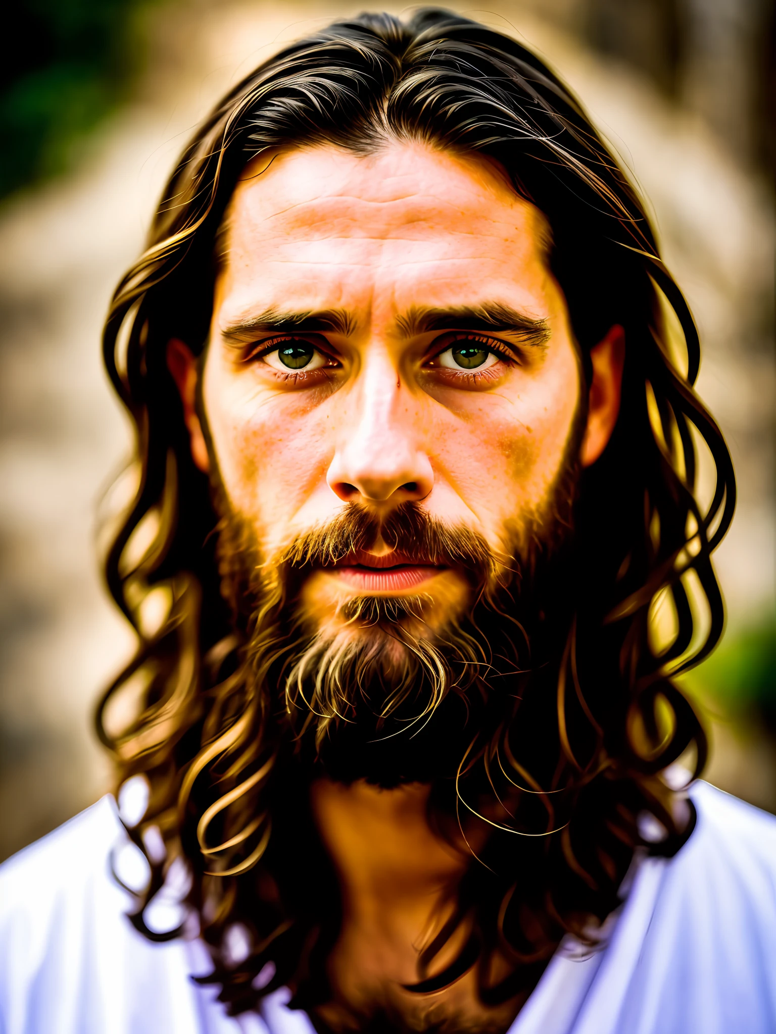 Photo RAW audacieuse de Jésus de Nazareth, 3 hommes hébreux, Jésus Christ, Beaux yeux. La photo est prise avec un professionnel, Caméra mi-prise, Créer un, sensation brute. L’éclairage est doux et ajoute à l’atmosphère mystérieuse de la scène. L’image est très détaillée, Cinématique, derrière laquelle apparaît une lumière intense, et une couronne d'épines