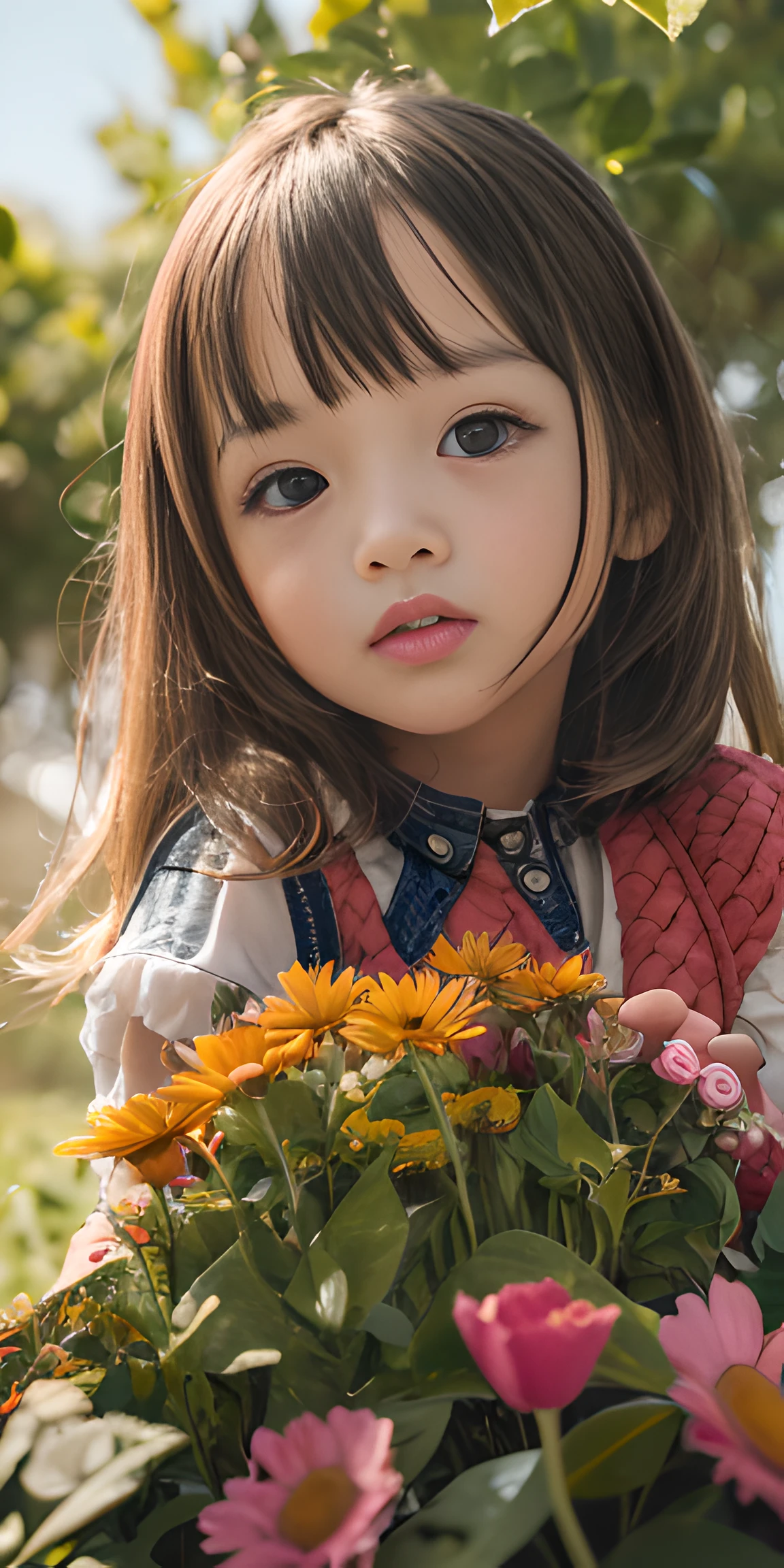 alto detalhe, ultra detalhe, 8K, Ultra alta resolução Uma garota fofa e inocente, , criança pequena, aproveitando seu tempo em campo aberto, cercado pela beleza da natureza, sol quente respingando sobre ela, flores silvestres balançando suavemente na brisa. Borboletas e pássaros voam ao seu redor, aumentando a atmosfera lúdica,