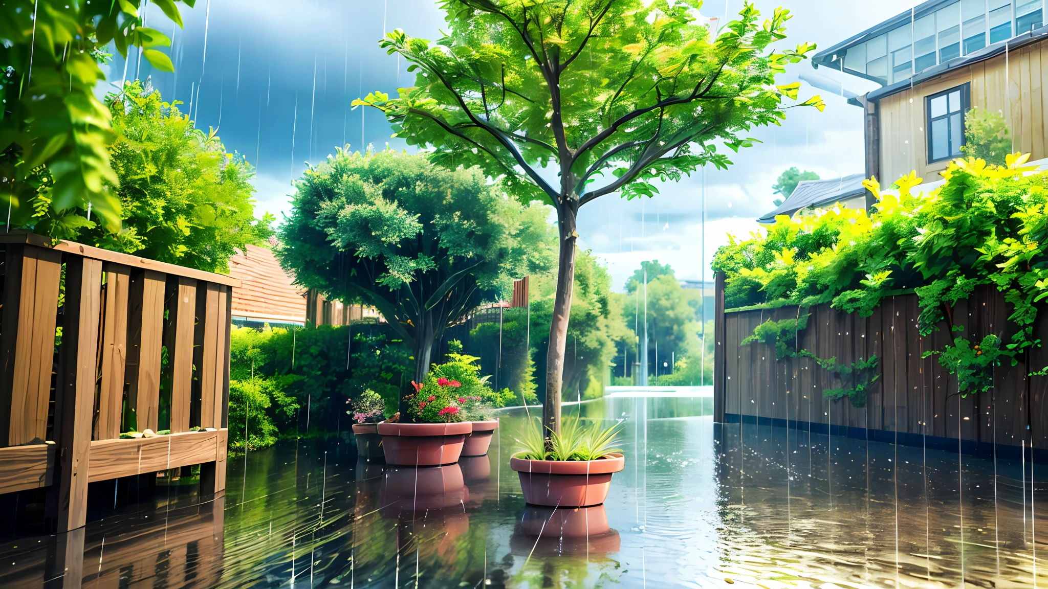 (masterpiece, best quality),1.2, cuva, over rain, best quality,1.5,, , thunder, trees,red pots,colorful plants raining,water pose, drops, outside,realistic,3d