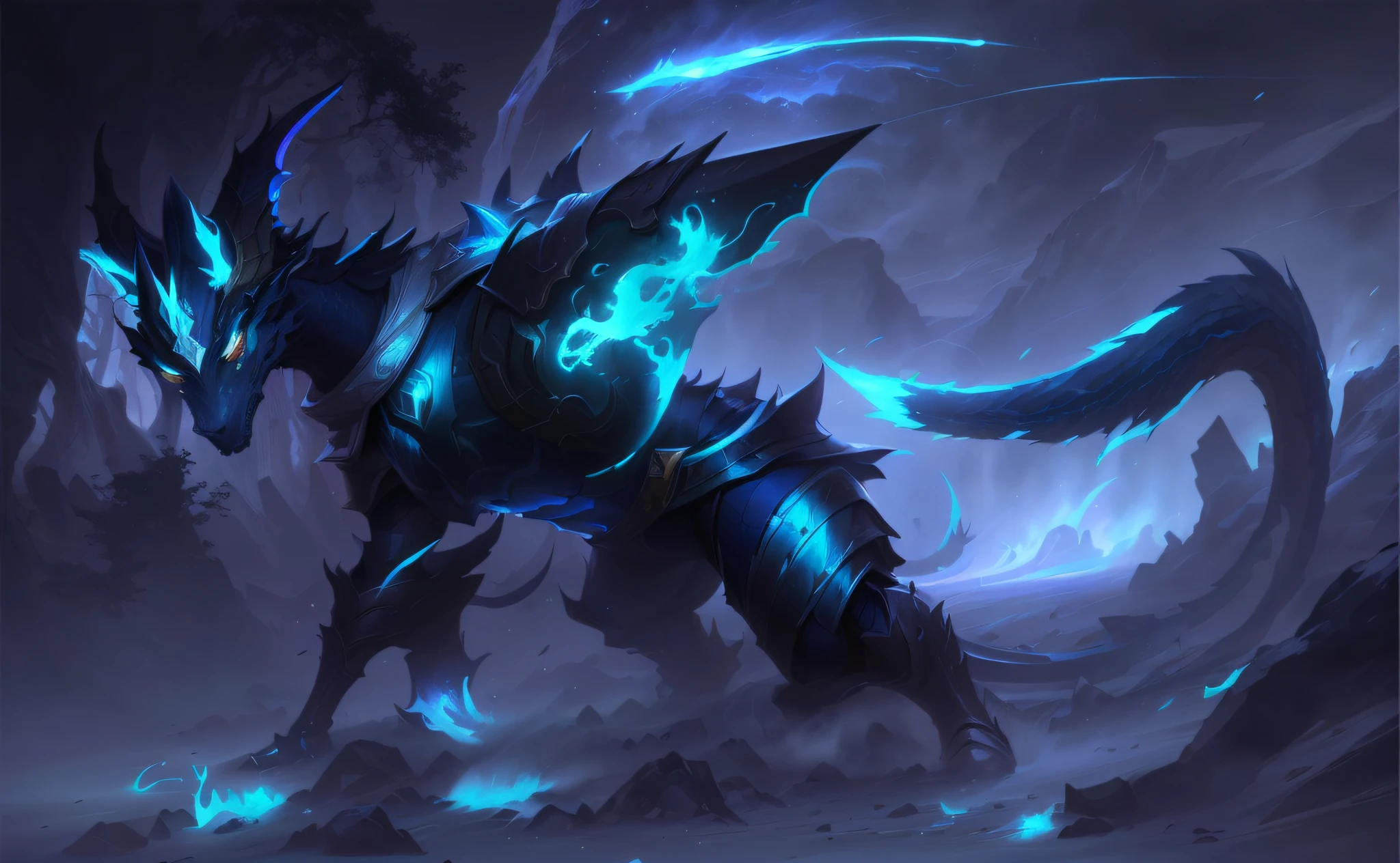 Close up of a man with blue and black dragon on dark background, standing on all fours, smooth skin, furry, background unchanged, tail full blue, League of Legends concept art, official splash art, fist game concept art, splash art, Aurelion Sol, League of Legends Arcane, 8K HD wallpaper jpeg artifact, 8K HD wallpaper jpeg artifact, League of Legends splash art, League of Legends art style