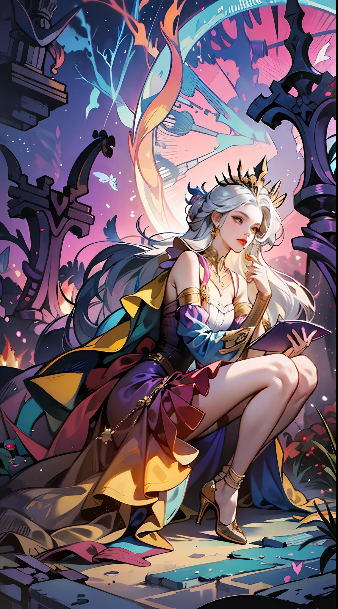 In a Final Fantasy style illustration. A powerful sorceress invokes the powers of thunder. She is very beautiful and wears a knee-length dress with straps and ruffles, heels and a pointed hat. She is in a strange place of ancient buildings half buried by the jungle. gold, silver, iridescent