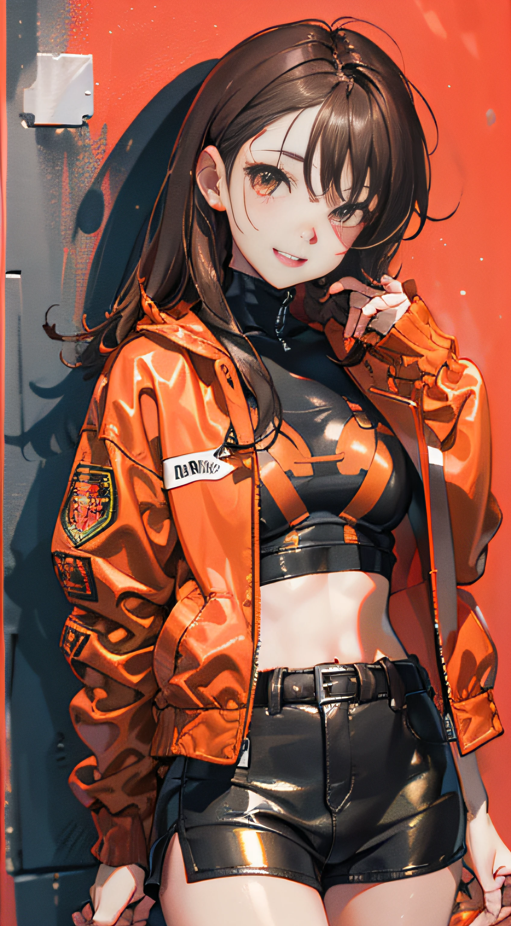 1girl, solo,underwaterbrown hair, brown eyes, parted lips, long sleeves, jacket, simple background, upper body, red background, looking at viewer, teeth, red jacket, lips, cosplay,  full body, smile，motorbike