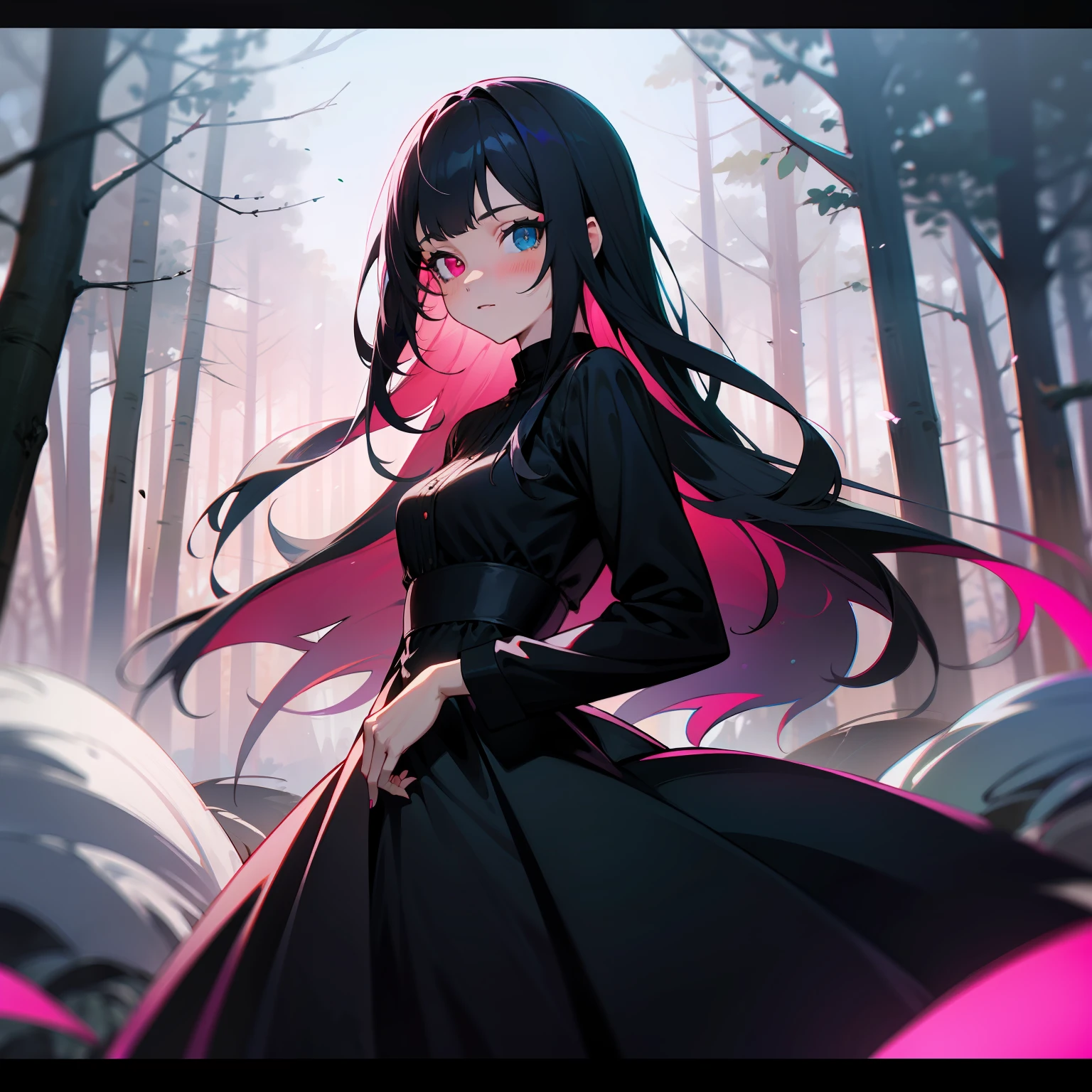 Anime girl in black dress with pink hair and blue eyes - SeaArt AI