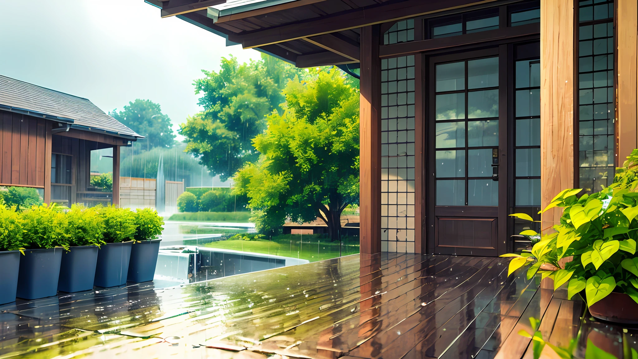 (masterpiece, best quality),1.2, cuva, about rain, best quality,1.5, , thunder, trees,red pots, colorful plants raining,water pose, drops, outside,realistic,3d, rain falling, drops flying, realistic,1.2, heavy rain in the gutter